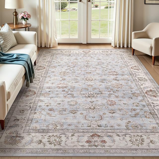 Witshock 5x7 Vintage Floral Area Rug, Lavable Non Slip Low Pile Tapis pour vivre Chambre à manger nourrice, Résistant aux taches, Aspirateur pliable, Animaux & Coffre-fort pour les enfants (Gris bleu)