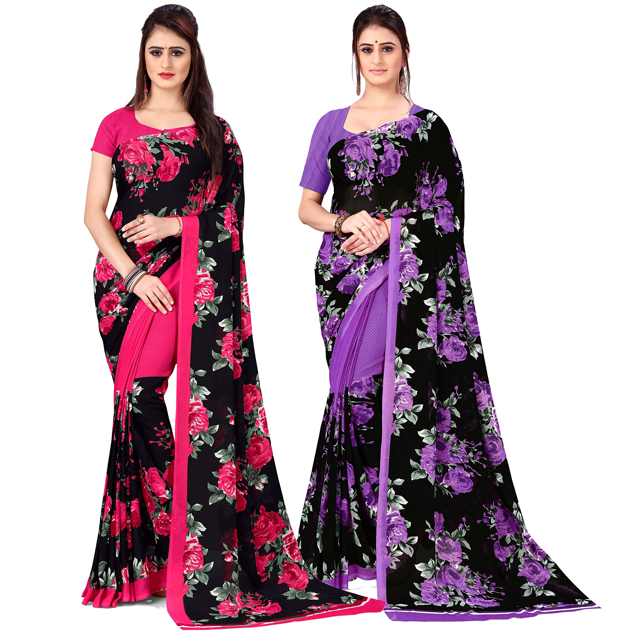 Kashvi sareesgeorgette with blouse piece Saree (Pack of 2) (COMBO_AS 1_1152_4_Multicoloured_One Size)