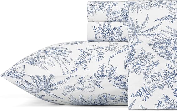 Tommy Bahama - Queen Size Sheet Set, Crisp Percale Cotton Bedding with Matching Pillowcases, Fully Elastic Fitted Sheet, Deep
