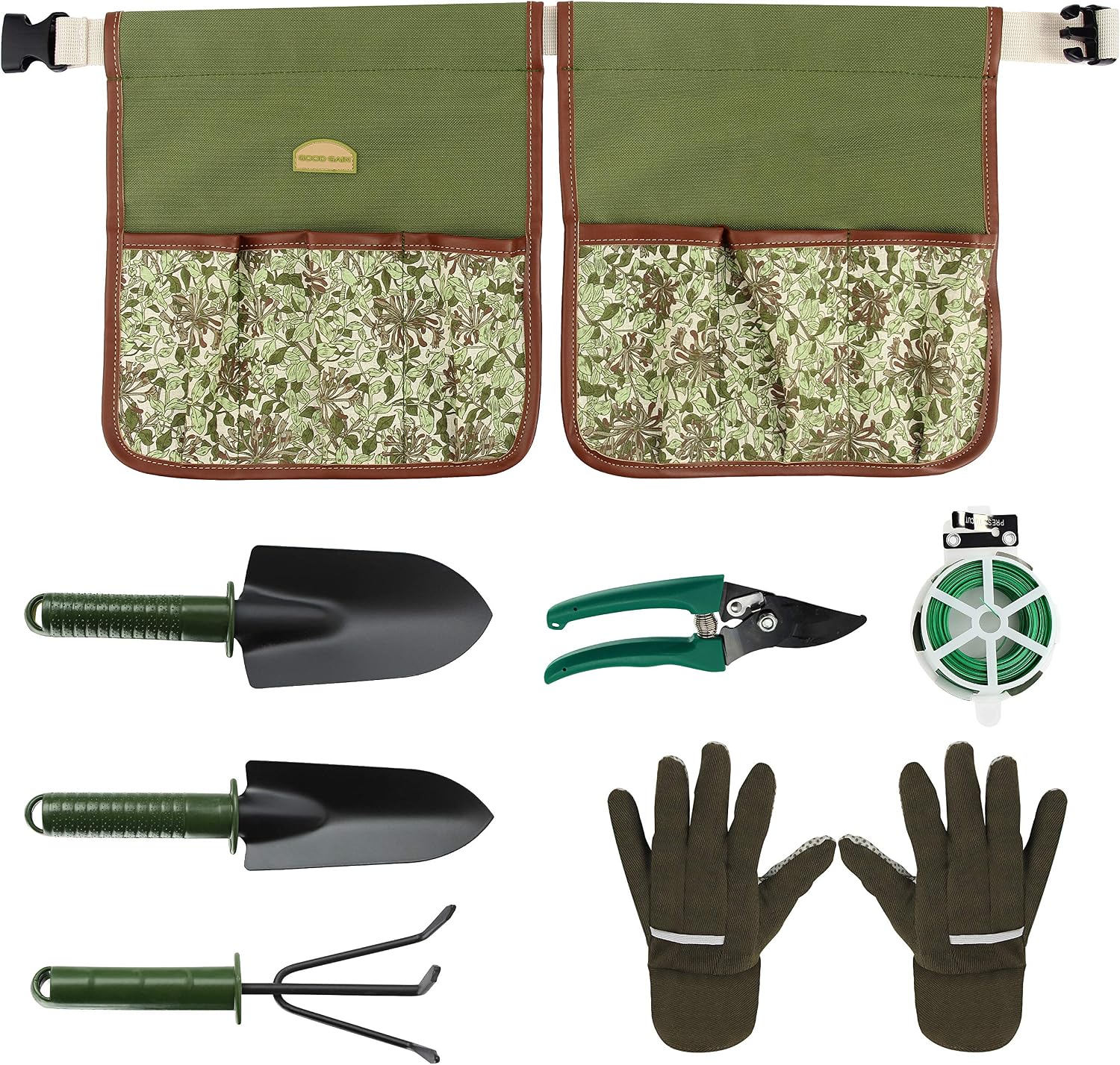 8 Set Garden Tools Set with Belt Bag, Gardening Waist Storage Hanging Pouch with Rake, Transplanter, Shovel, Gloves and Binding Wire, Pruner, Great Garden Gift Apron Kit for Women & Men.Blue