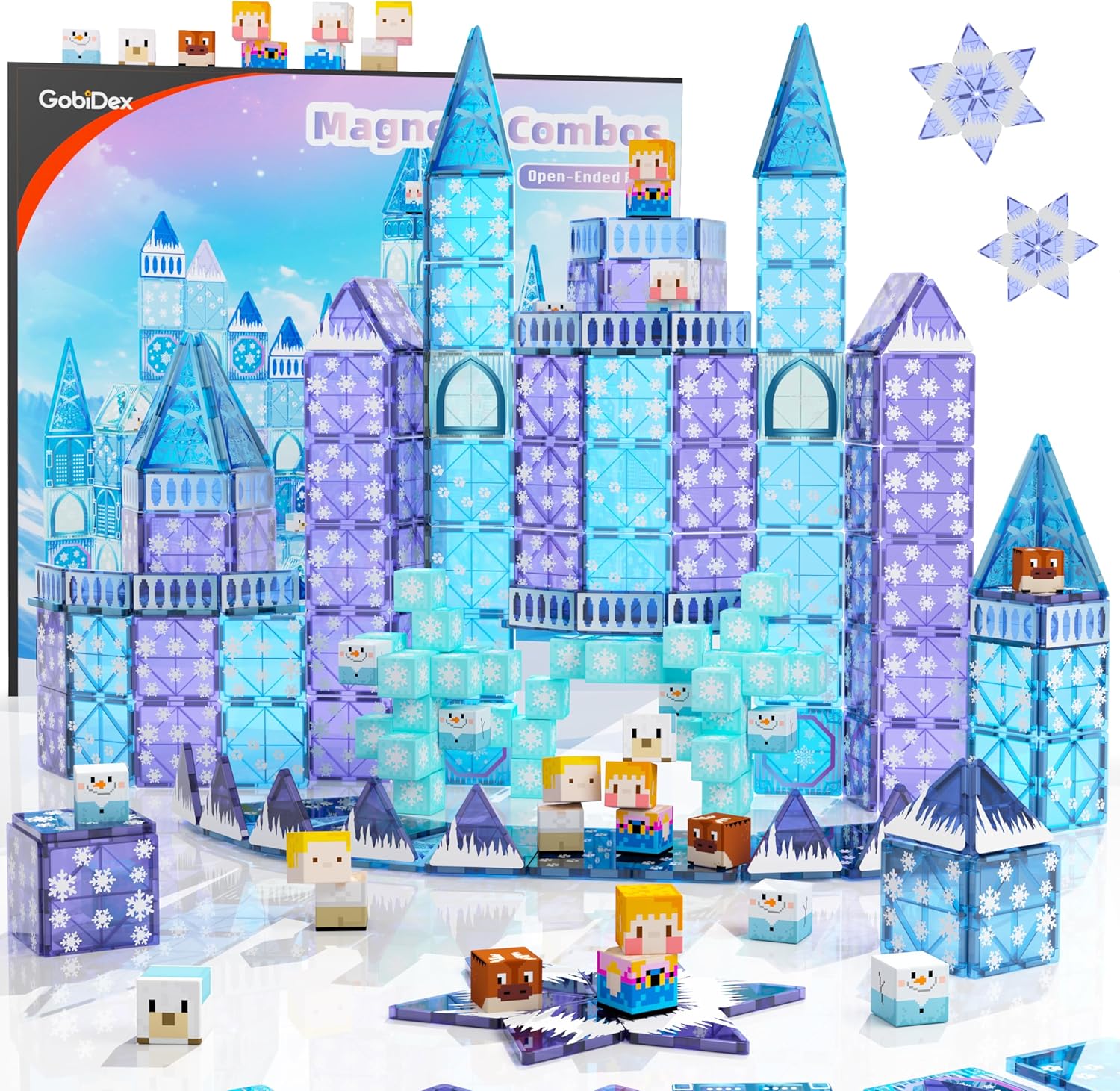 GobiDex 102PCS 2-in-1 Magnetic Tiles Blocks Frozen Toys for Girls, Princess Frozen Castle Magnet Building Blocks for Toddlers Kids, Build with MagWonder STEM Toys, 3+ Years Old Girls Birthday Gifts