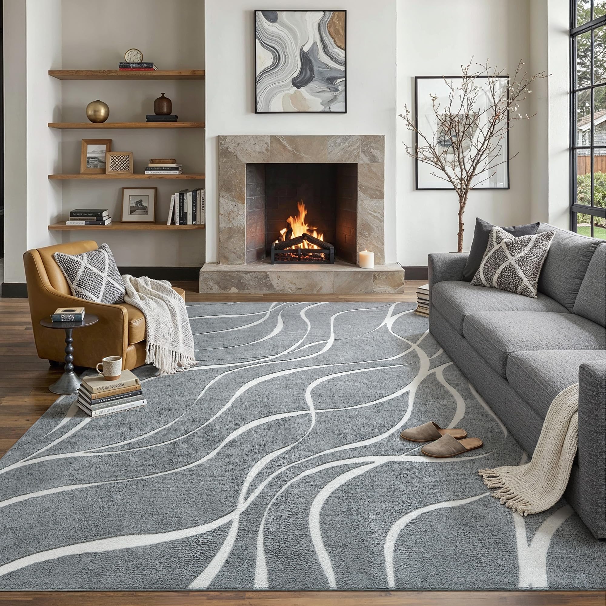 hugear shag area rug 8x10 grey & ivory washable living room bedroom rug non slip non-shedding soft plush medium pile large throw carpet for home office aesthetic modern decor