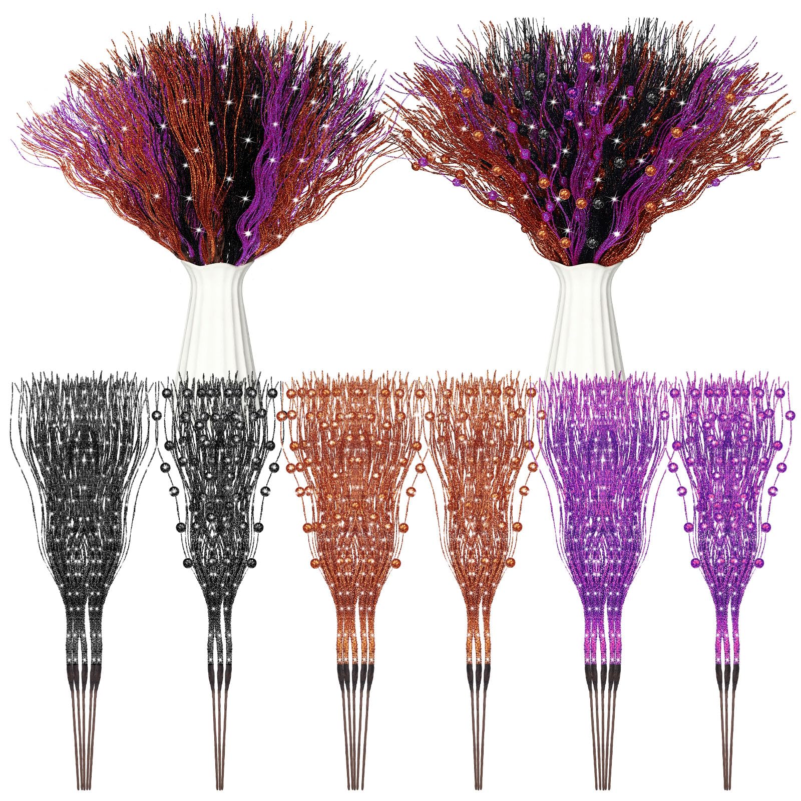 Giegxin 24 Pcs Artificial Glitter Berry Stem Ornaments 17 Inches Fake Halloween Picks Branches Decorative Glitter Sticks for Vase Christmas Tree DIY Wreath Crafts Fireplace(Black, Purple, Orange)