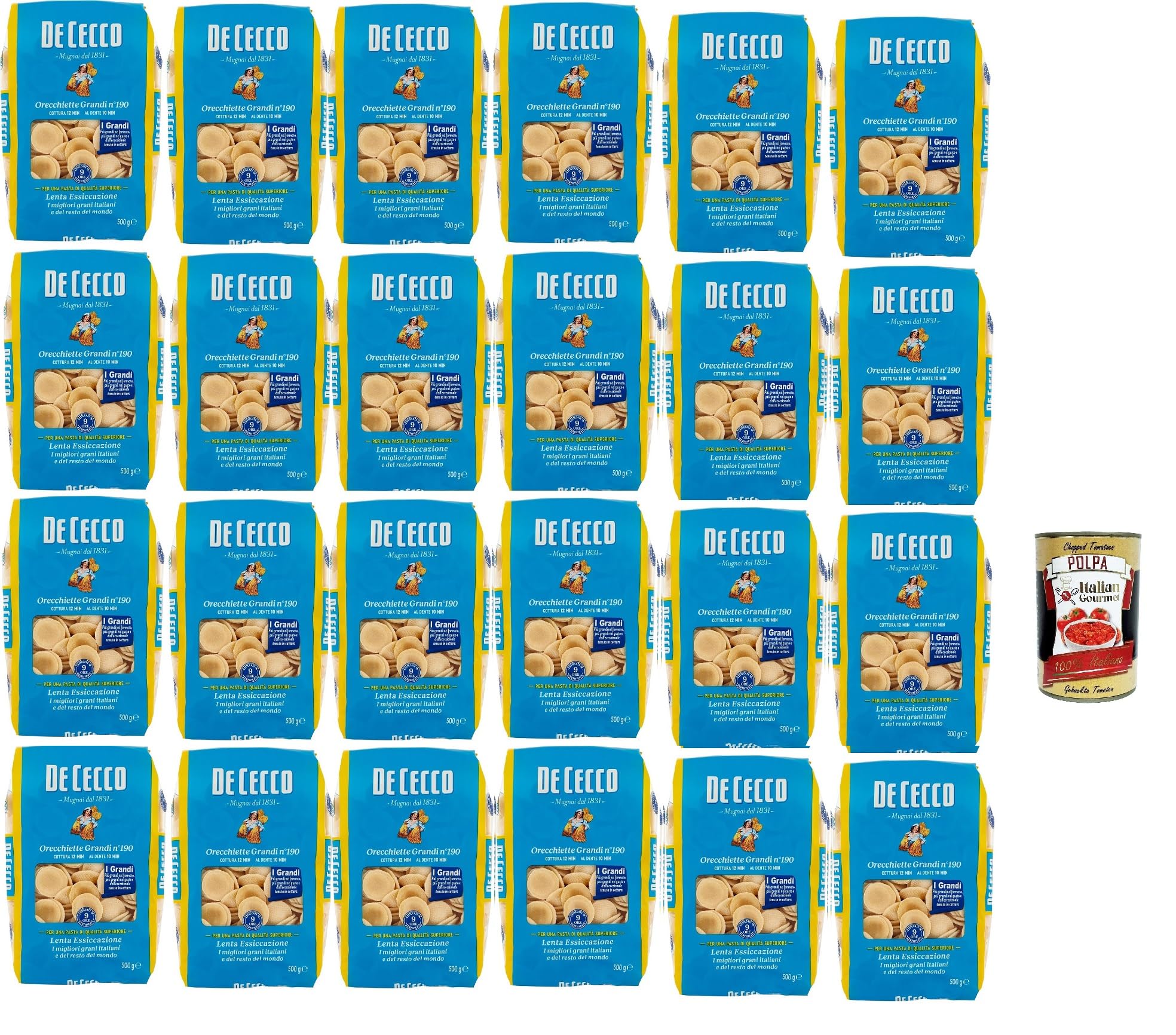 De Cecco Orecchiette Grandi n°190, pasta de trigo 24 x 500 g, especialidad de Puglia, secado lento ~9 h, textura firme, cocción 12 min (al diente 10 min), fabricada en Italia + italian Gourmet polpa