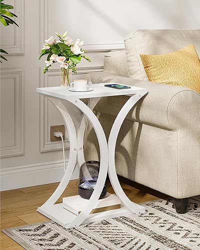 Miniatura 11 de Mesa auxiliar con estación de carga, mesa auxiliar moderna de 2 niveles, mesita de noche con estante de almacenamiento, para espacios pequeños, para