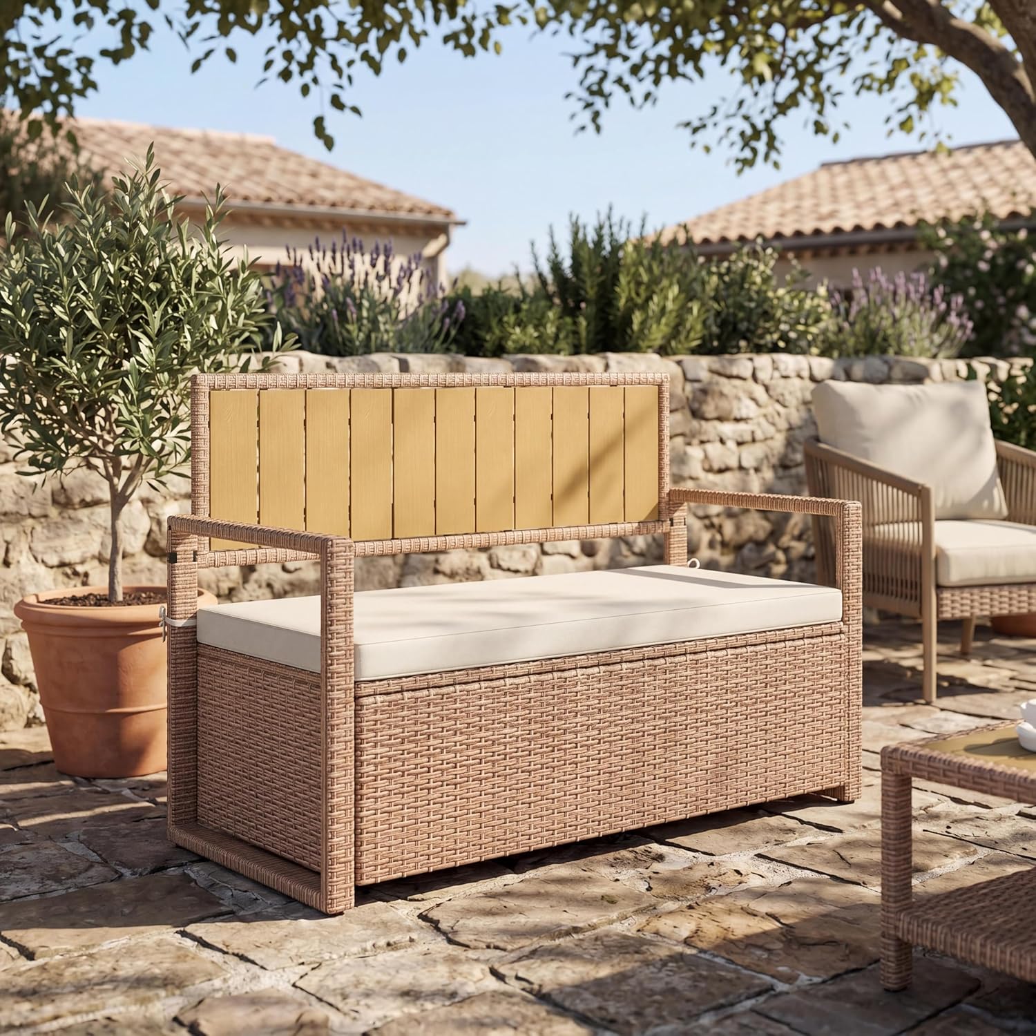 GarveeTech 75 Gallon Outdoor Storage Bench with Cushion, 2-Seater PE Rattan Patio Storage Box with Backrest & Armrests, Weatherproof Lockable Deck Box for Garden, Balcony, Porch, Pool, Yard, Brown