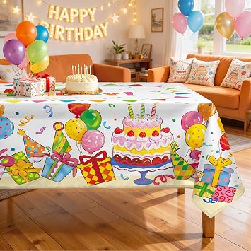 Birthday Cake Polyester Tablecloth, Colorful, 55 x 71 Inch | Washable Reusable Water Resistant Table Cloth with Birthday Cake and Balloon Print for Kids Birthday Dining and Party Decor