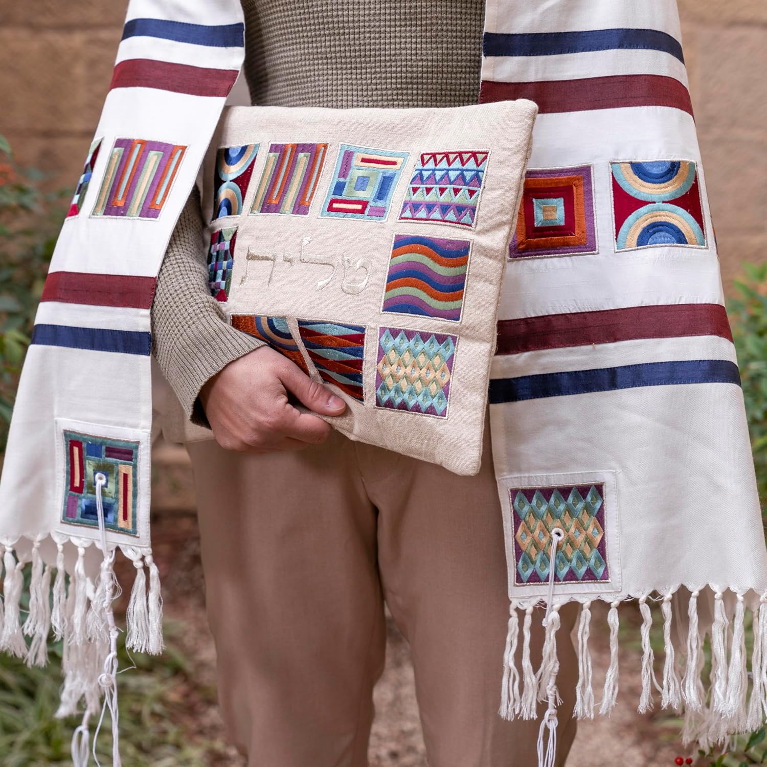 EMANUEL Yair Tallit Prayer Shawl Set with Yarmulke and Tallis Bag | Silk Embroidered Geometric Square Design