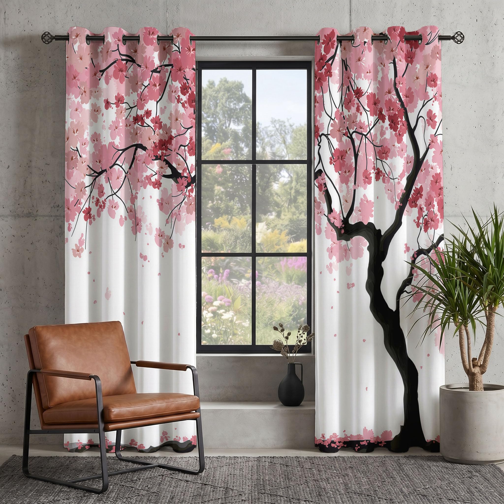 Kirschblütenbaum Vorhänge, Realistischer Stil Vorhang Blickdicht Thermo Verdunkelungsvorhänge Mit Ösen - Rosa Gardinen Wohnzimmer Schlafzimmer Fenster - H175 x B140 cm (2er Pack)