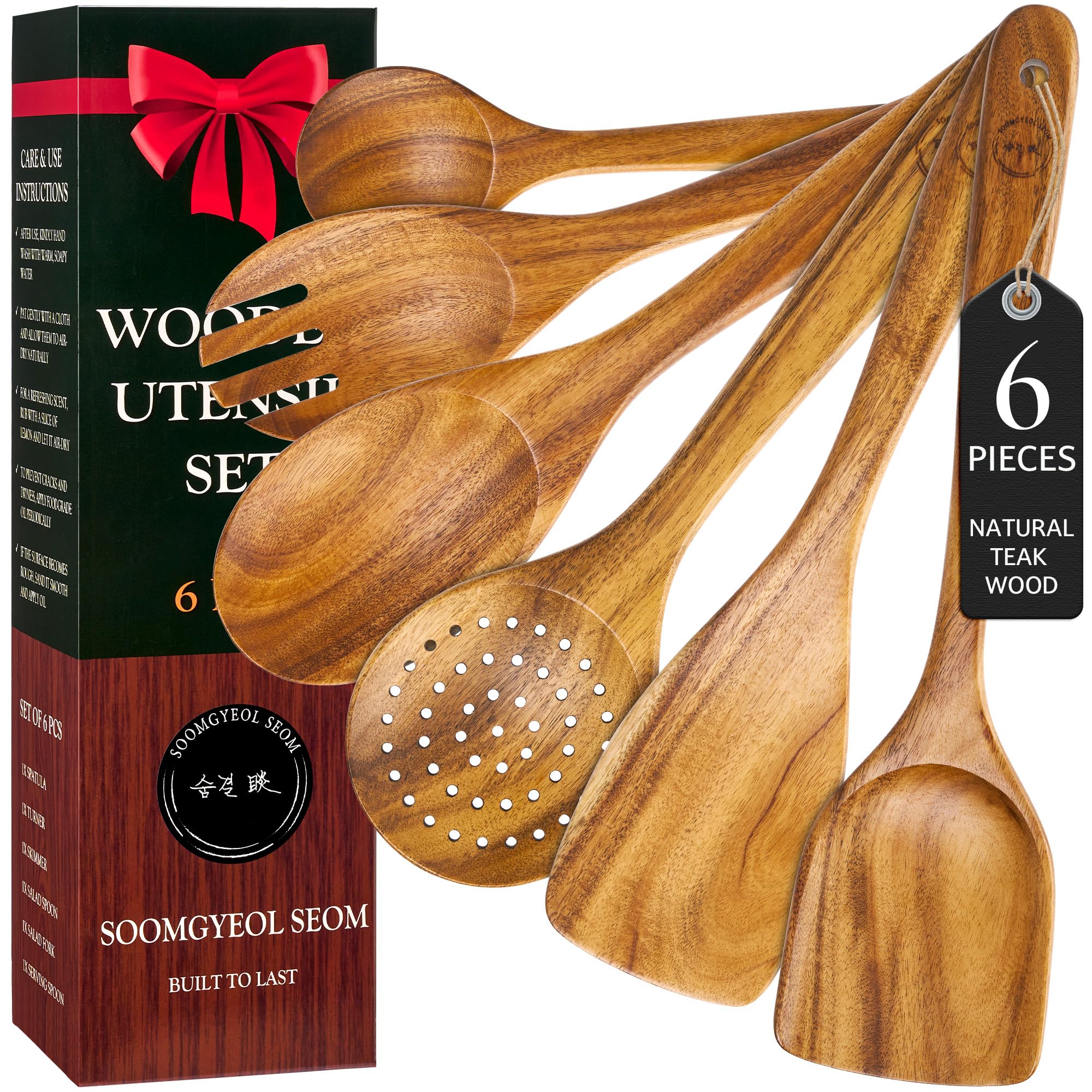 SOOMGYEOL SEOM Juego de utensilios de cocina de alta calidad sin revestimiento, 6 piezas de madera de teca, incluye cucharas de madera antiadherentes que no rayan para cocinar, ideal para regalos de