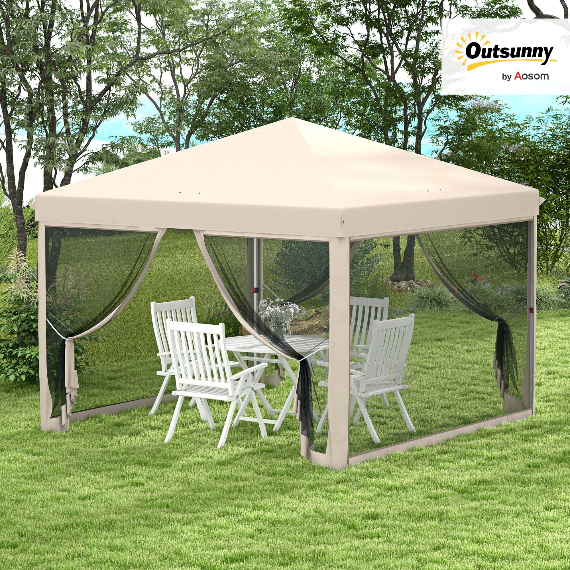 Outsunny Tonnelle Barnum Pliant Pop-up imperméabilisé Style Colonial 3L x 3l x 2,65H m 4 moustiquaires + Sac de Transport Beige Noir