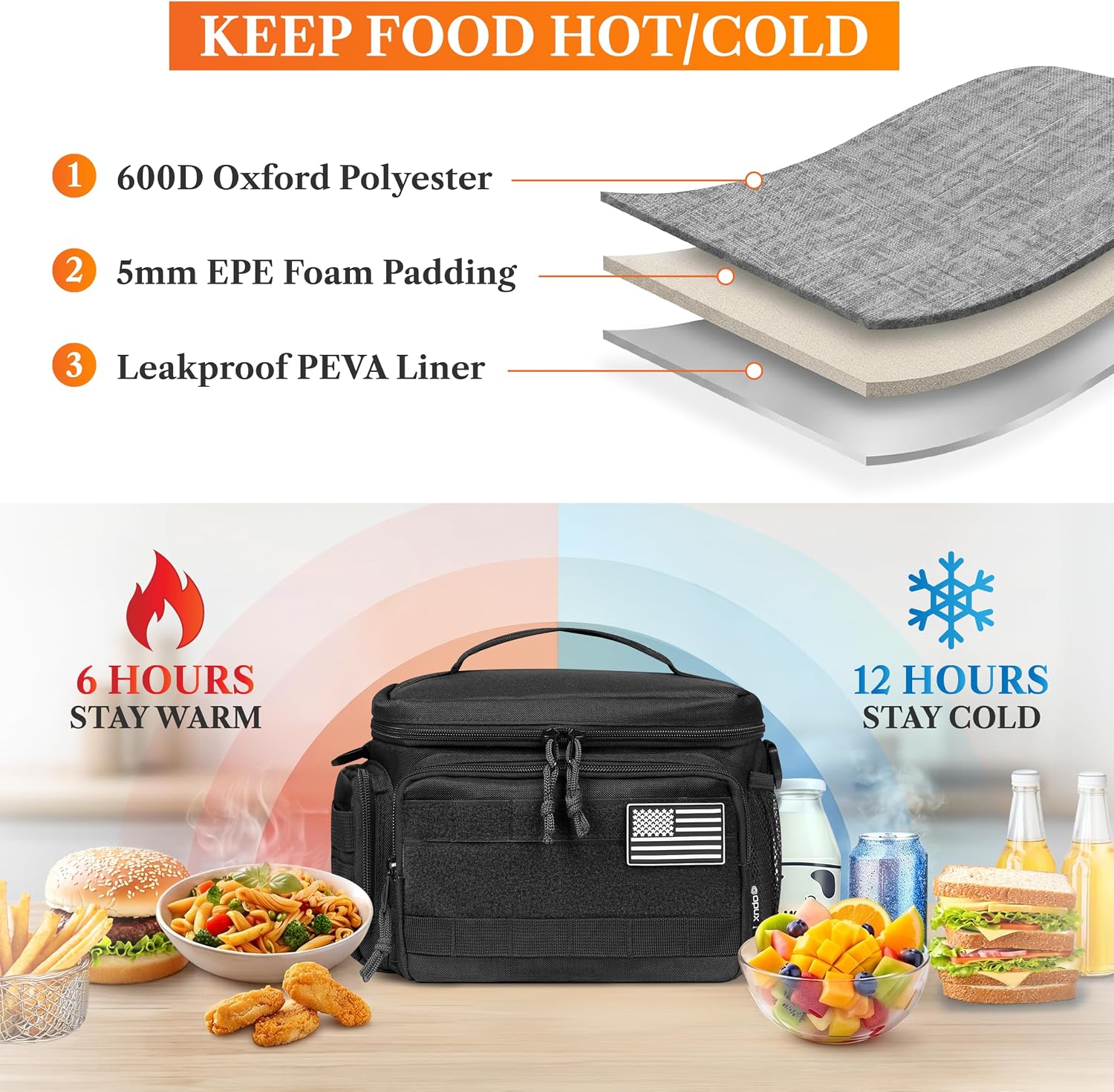 opux Tactical Lunch Box for Men, Leakproof Work Cooler Bag, Black, Large image 3