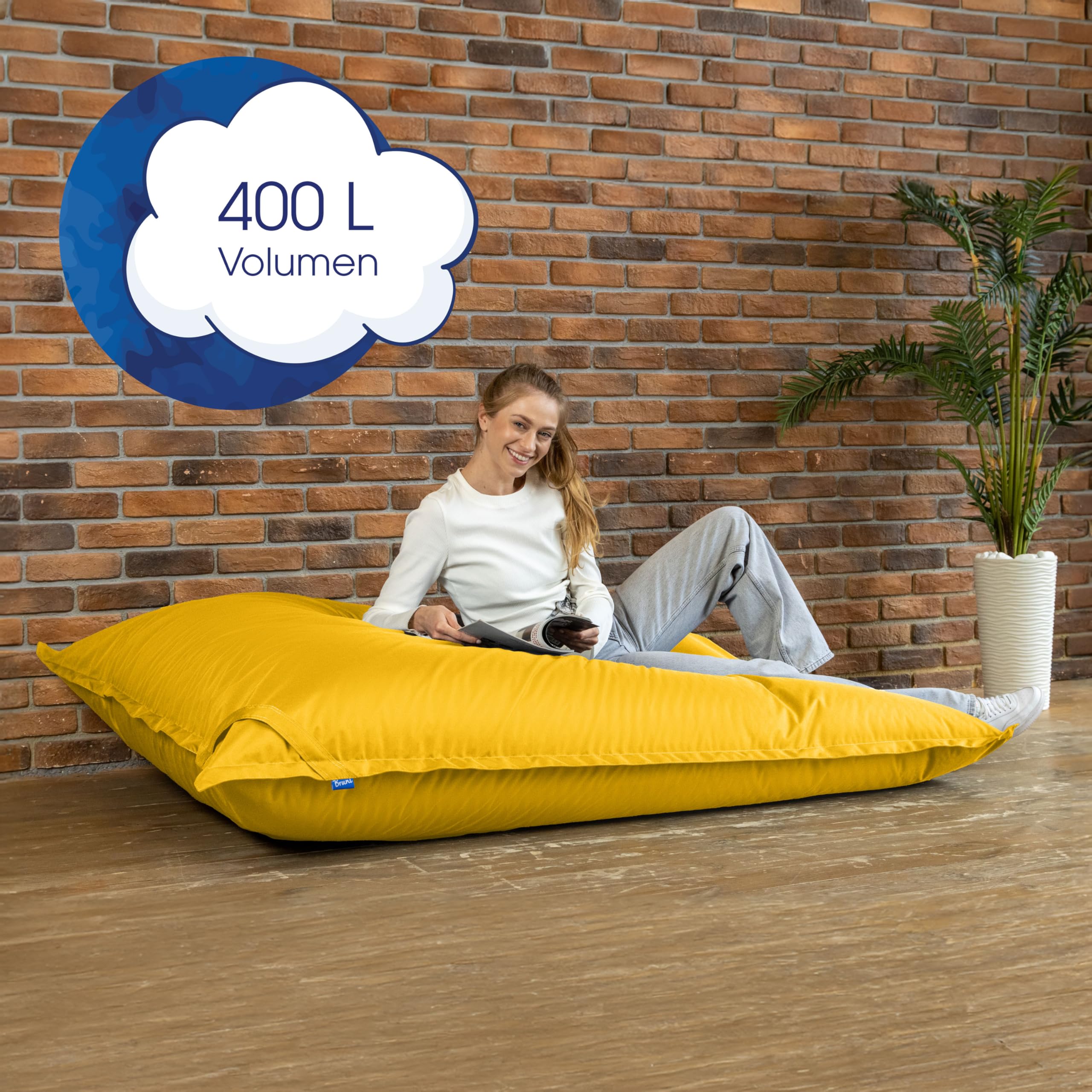 Bruni Pouf géant Caree Jaune – Pouf rectangulaire XXL 140 x 180 cm 400 l housse amovible intérieur extérieur Fabriqué en Allemagne