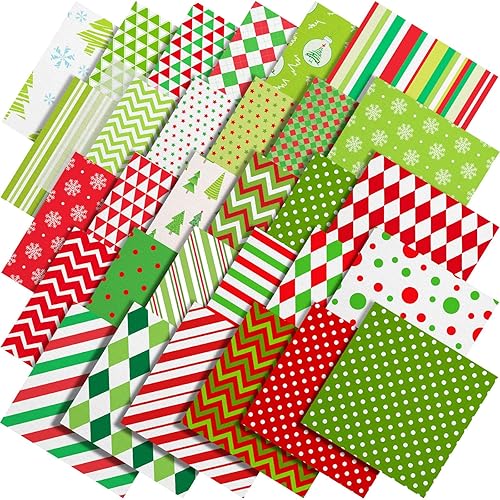 Shimeyao Paquete de 60 piezas de tela de acolchado de Navidad de 10 x 10 pulgadas, diseño de rayas con puntos rojos brillantes y verdes, suministros