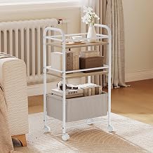 YITAHOME Metal Storage Cart on Wheels, 3-Tier Kitchen Cart Storage Cart with Woven Basket, Lockable Wheels, Handle, Book Cart for Office, Kitchen, Bathroom, Living Room, Studio, Small