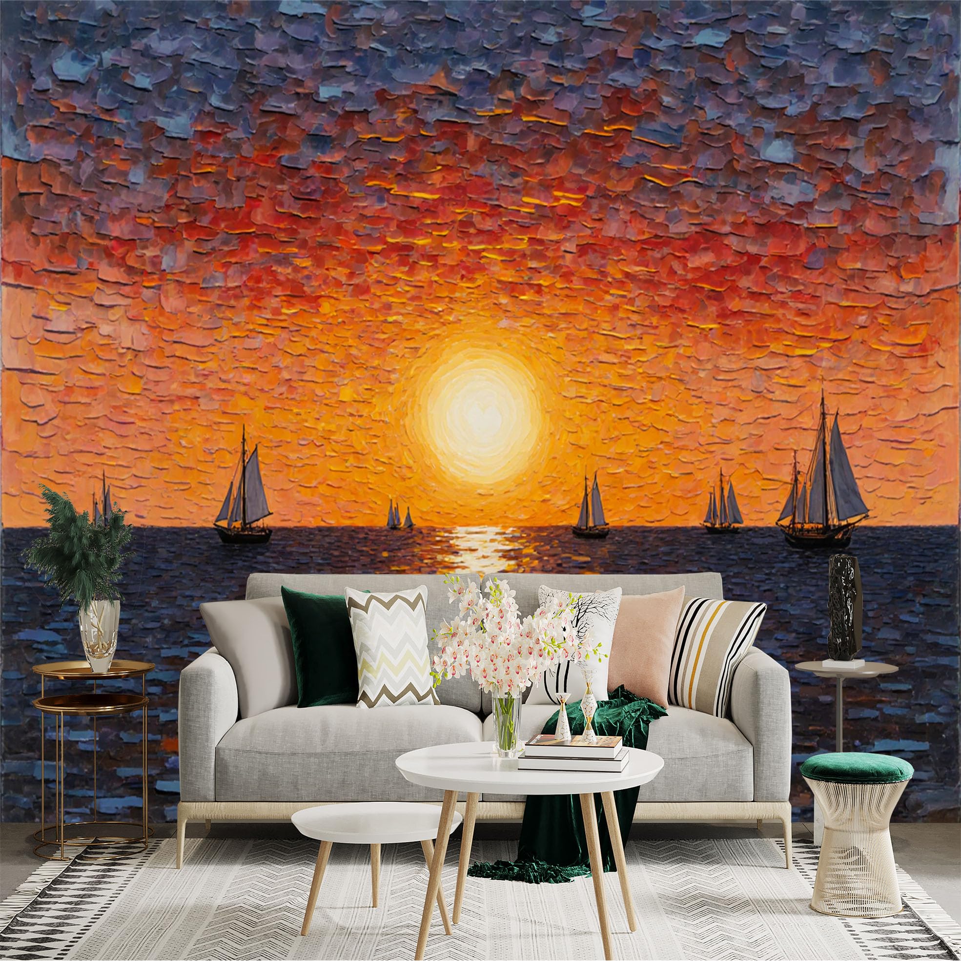 Lnzczhyre Xc260505539 Custom Size Wall Sticker Mural， Textured Impasto Ocean Sunset， Sailboats On Golden Sea， Vibrant Cloudscape Painting， For Wall Decoration， Peelandstick Wall Decals.