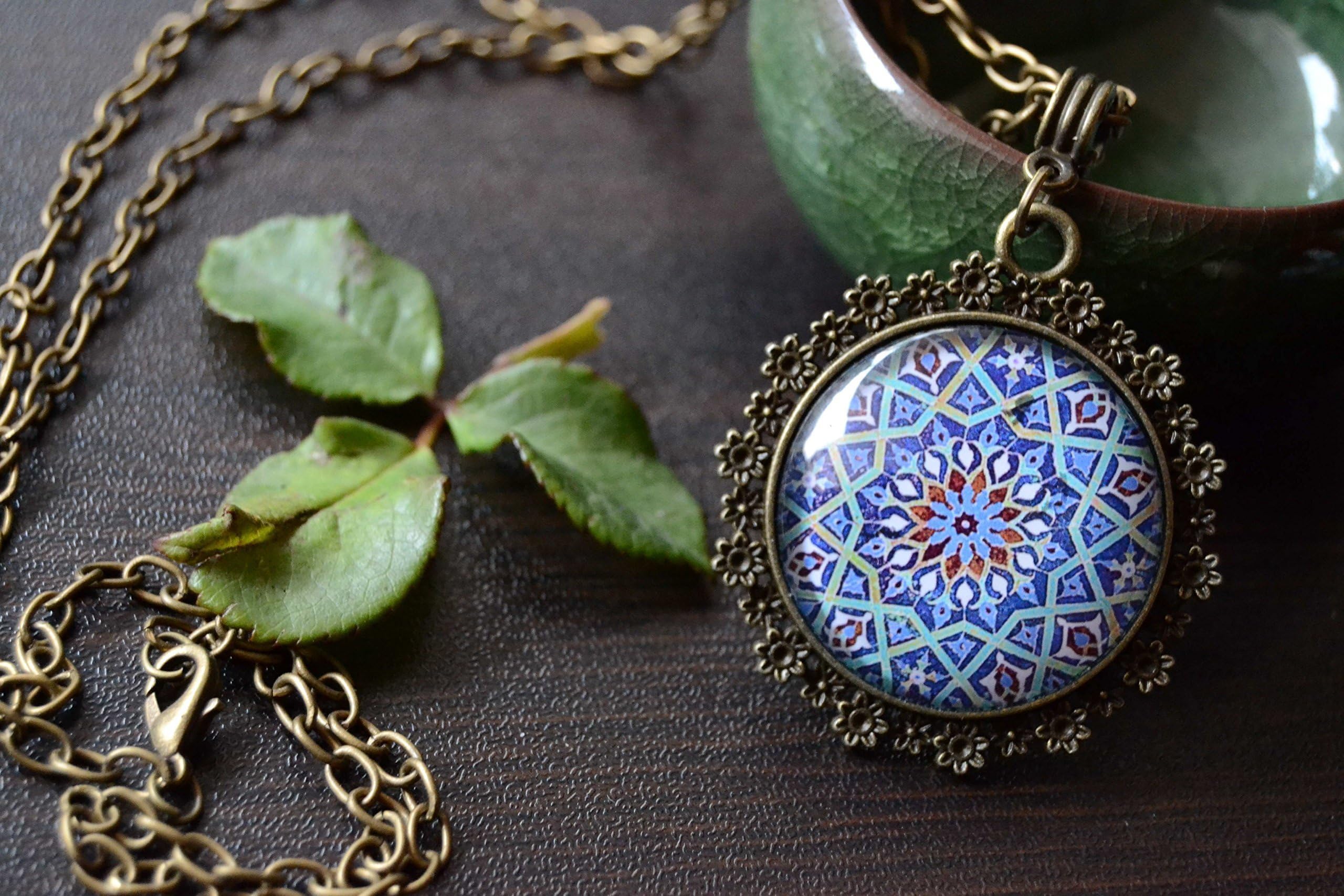 Blue Vintage Andalusian Moroccan Pendant Necklace Ethnic, Moroccan spirit, Arabesque, Charm, Antique, Magical talisman, Islamic art, Arabic, Oriental,Eastern blue Moroccan patterns, Gift for her