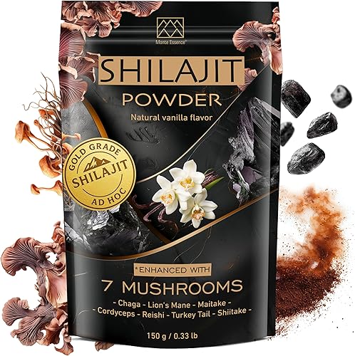 Gold Shilajit Polvo y 7 complejo de hongos  Energía, enfoque y apoyo cerebral  Melena de león, Chaga, Reishi, Cordyceps, cola de pavo  Sabor a