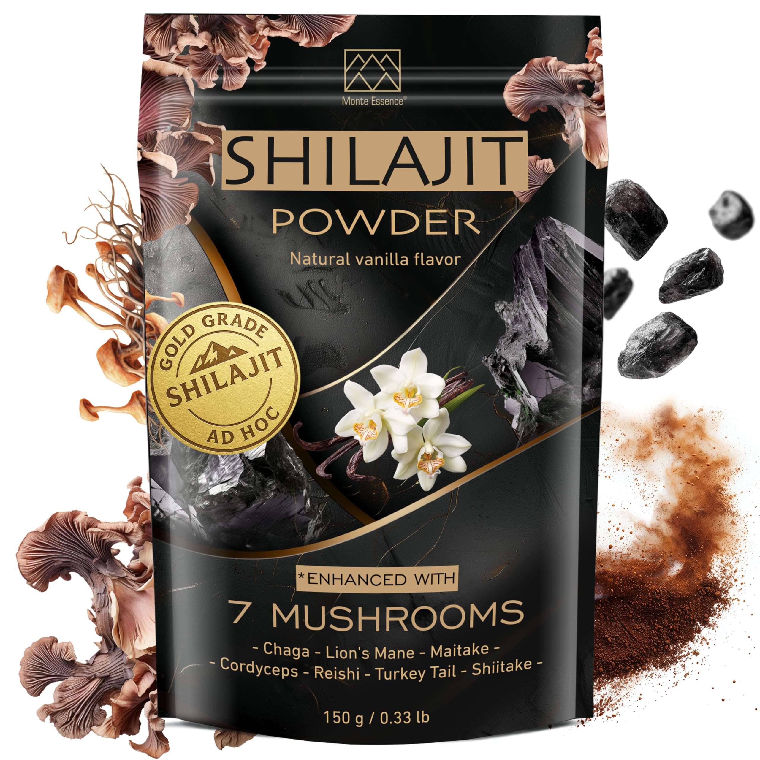 Gold Shilajit Powder & 7 Mushroom Complex – Energy, Focus & Brain Support – Lion’s Mane, Chaga, Reishi, Cordyceps, Turkey Tail – Vanilla Flavored – 150g, 2000mg/Serving – Vegan, Non-GMO, No Fillers