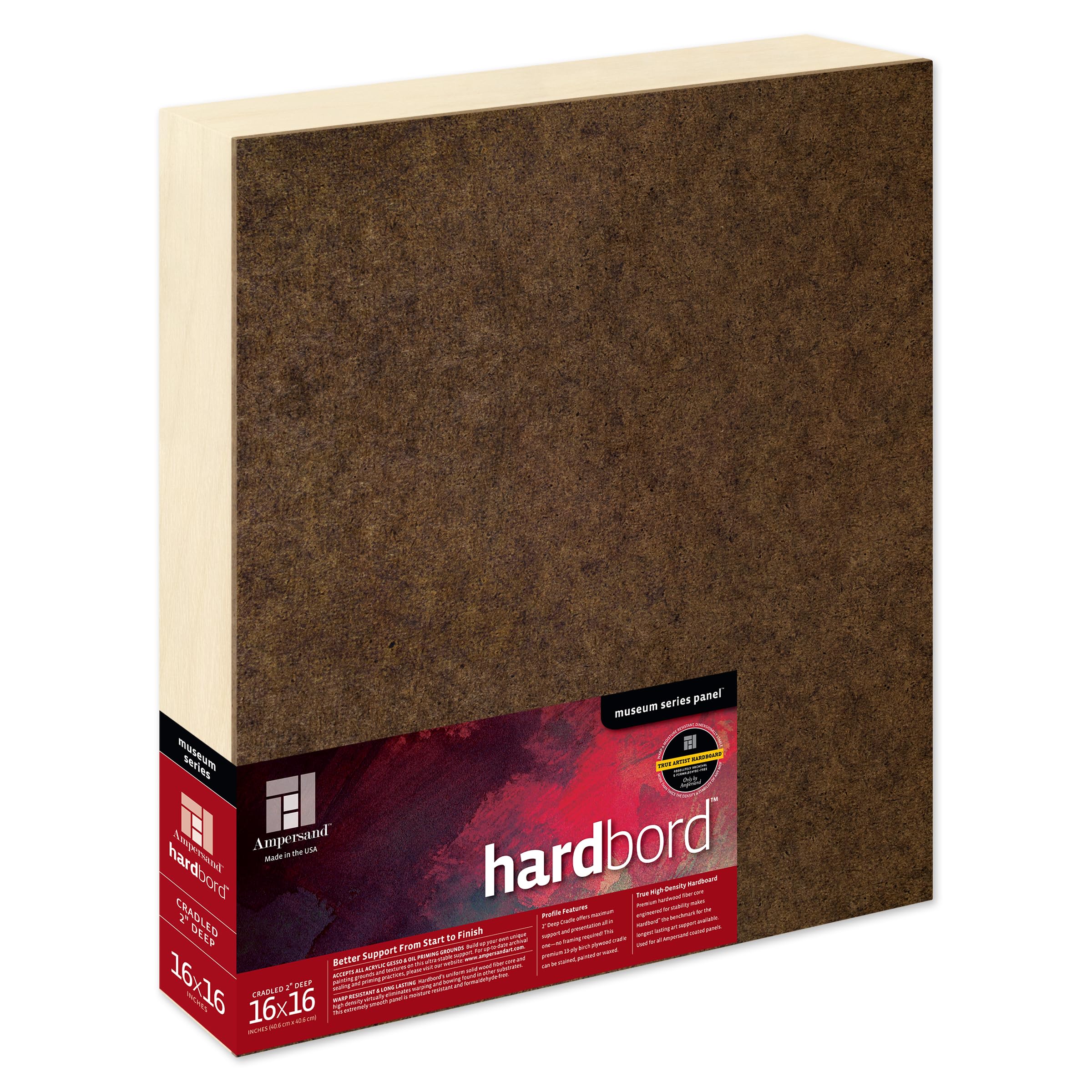 Ampersand Art Supply Hardboard Wood Painting Panel: Museum Series Hardbord, 16" x 16", 2 Inch Cradled Profile