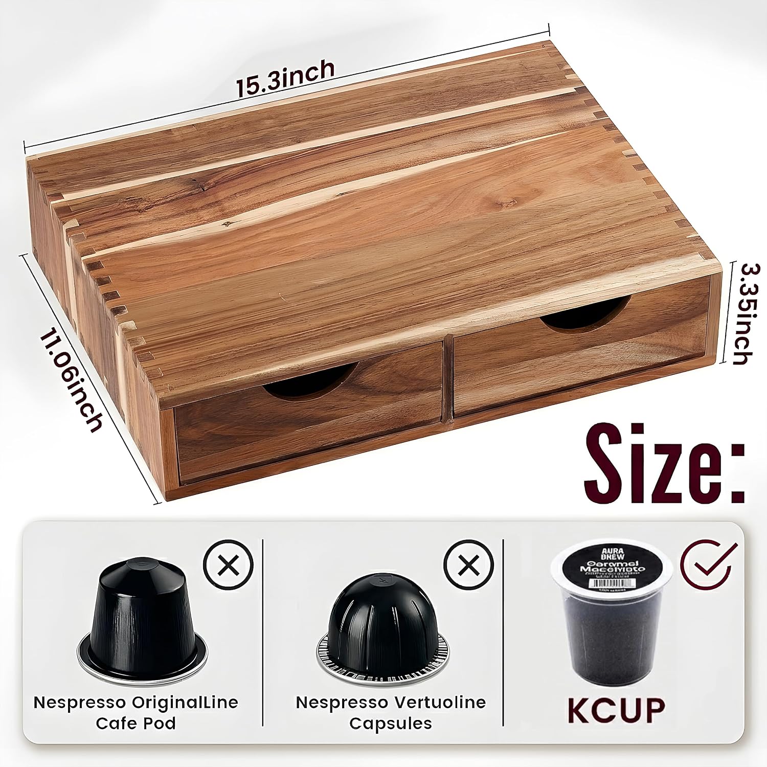 Wooden K Cup Organizer, Acacia Coffee Pods and Tea Organizer Holder | 30 Pod Capacity Coffee Pod Storage Box for K Cup Compatible Pods and Tea Bags, Countertop Coffee Station for Home Kitchen