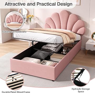 ModernLuxe 3FT Upholstered Single Bed Frame with Adjustable Petal-Shaped Headboard, Hydraulic Ottoman Bed with Hidden Storage, Solid Wood Slats, Velvet, Pink, 90x190cm (No Mattress)