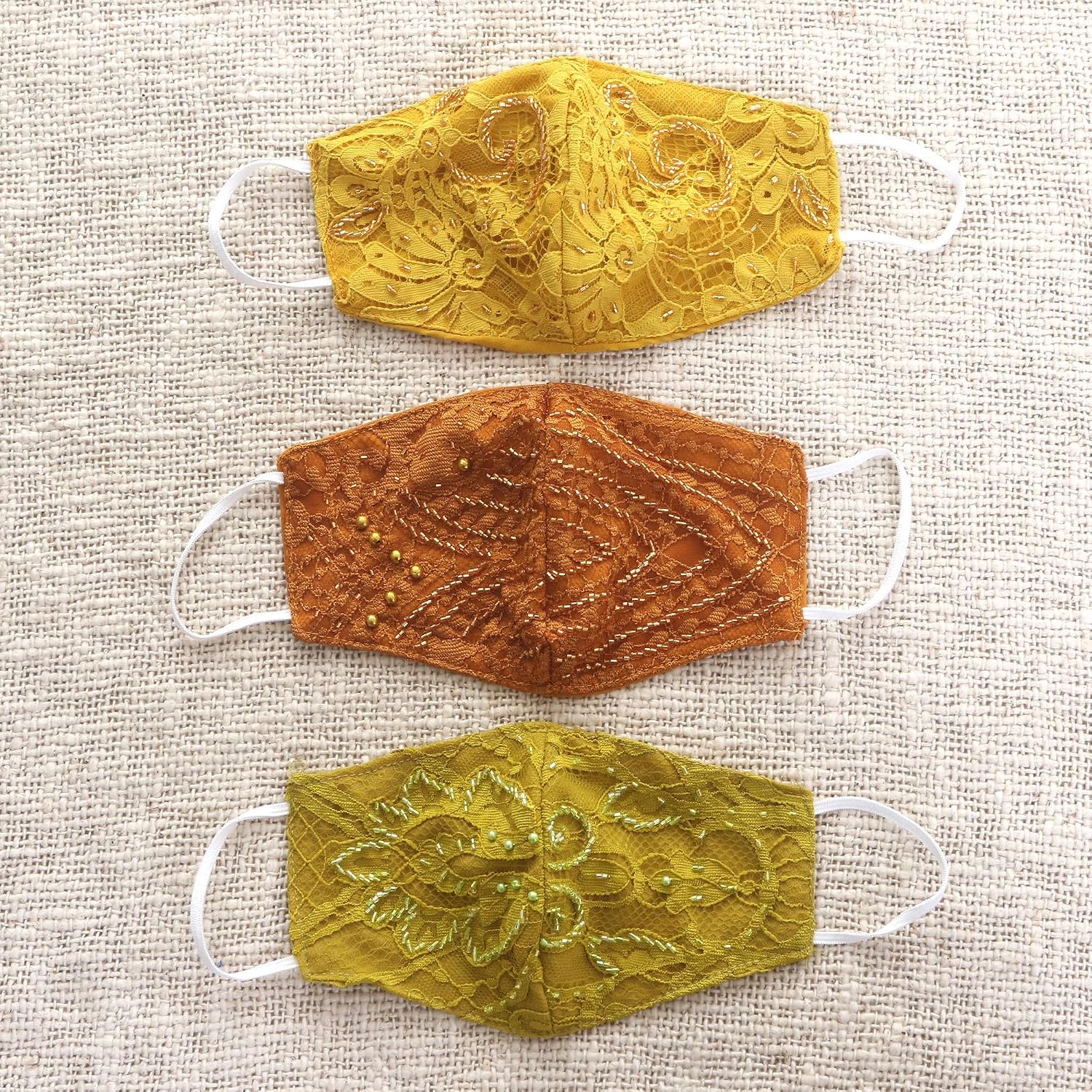 NOVICA Artisan Handmade Beaded Rayon Lace Face Masks 3 Contoured 2layer Accessories Yellow Green Orange Assorted Double Ear Loop Embroideredsolid Indonesia Embellished ' Island Glamour' Set of 3