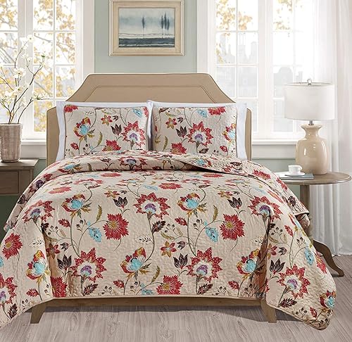 Miniatura 2 de Masterplay Juego de colcha de 3 piezas con estampado fino (90 x 90 pulgadas), cubrecama tamaño Queen (rojo, azul, multicolor, floral)