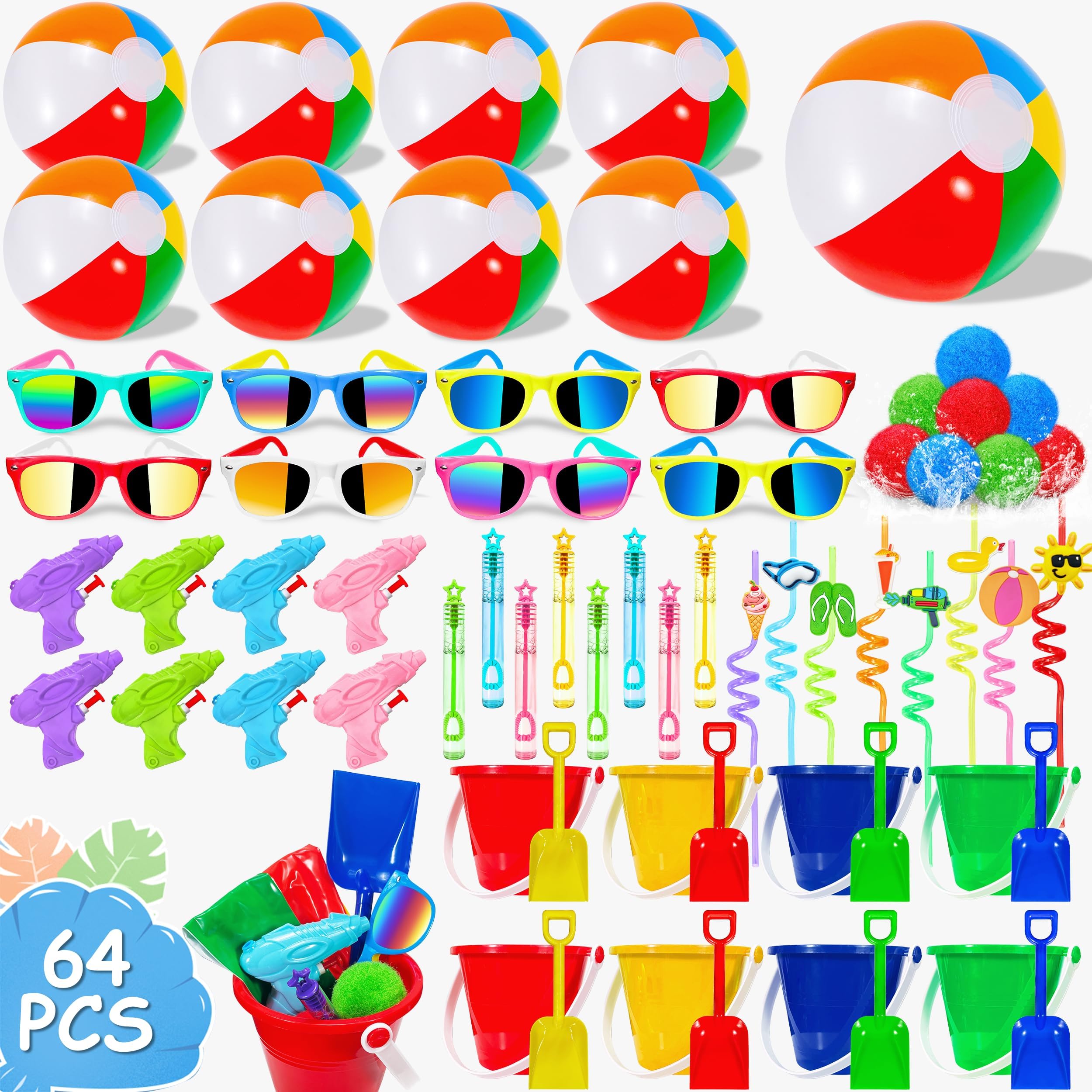 LINAYE Beach & Pool Party Favors - Kids' Summer Toys Bulk Including Beach Balls, Sand Buckets, Sunglasses, Drinking Straws, Bubble Wands Beach & Pool Party Supplies