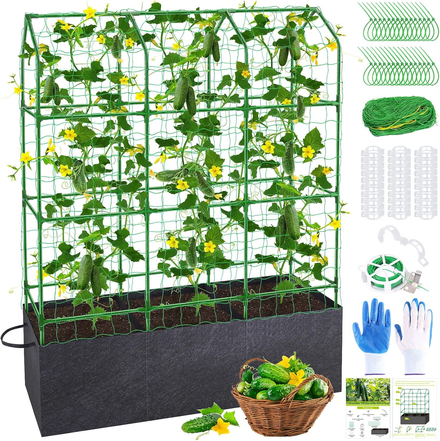 50x65x18 Inch Cucumber Trellis for Raised Bed - with 46 Gallon Grow Bags, Garden Trellis for Climbing Plants Outdoor with Climbing Net and Plant Support for Cucumber, Tomato, Vegetable, Grape, Vine