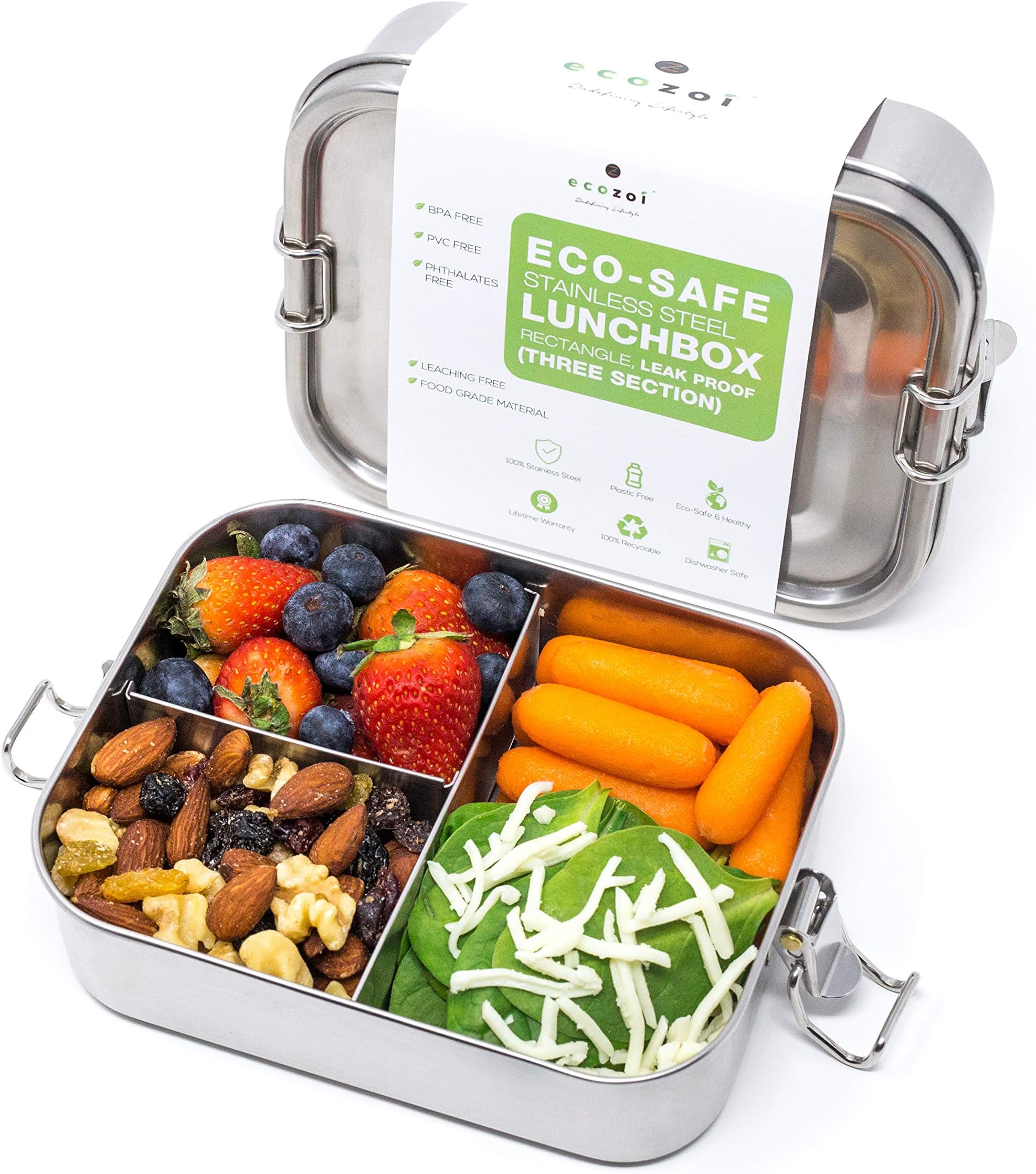 Leak Proof Stainless Steel 3 Compartment Eco Lunch Box | REDESIGNED Silicone Seal | Sustainable Zero Waste Eco Friendly Bento Box Food Storage Container