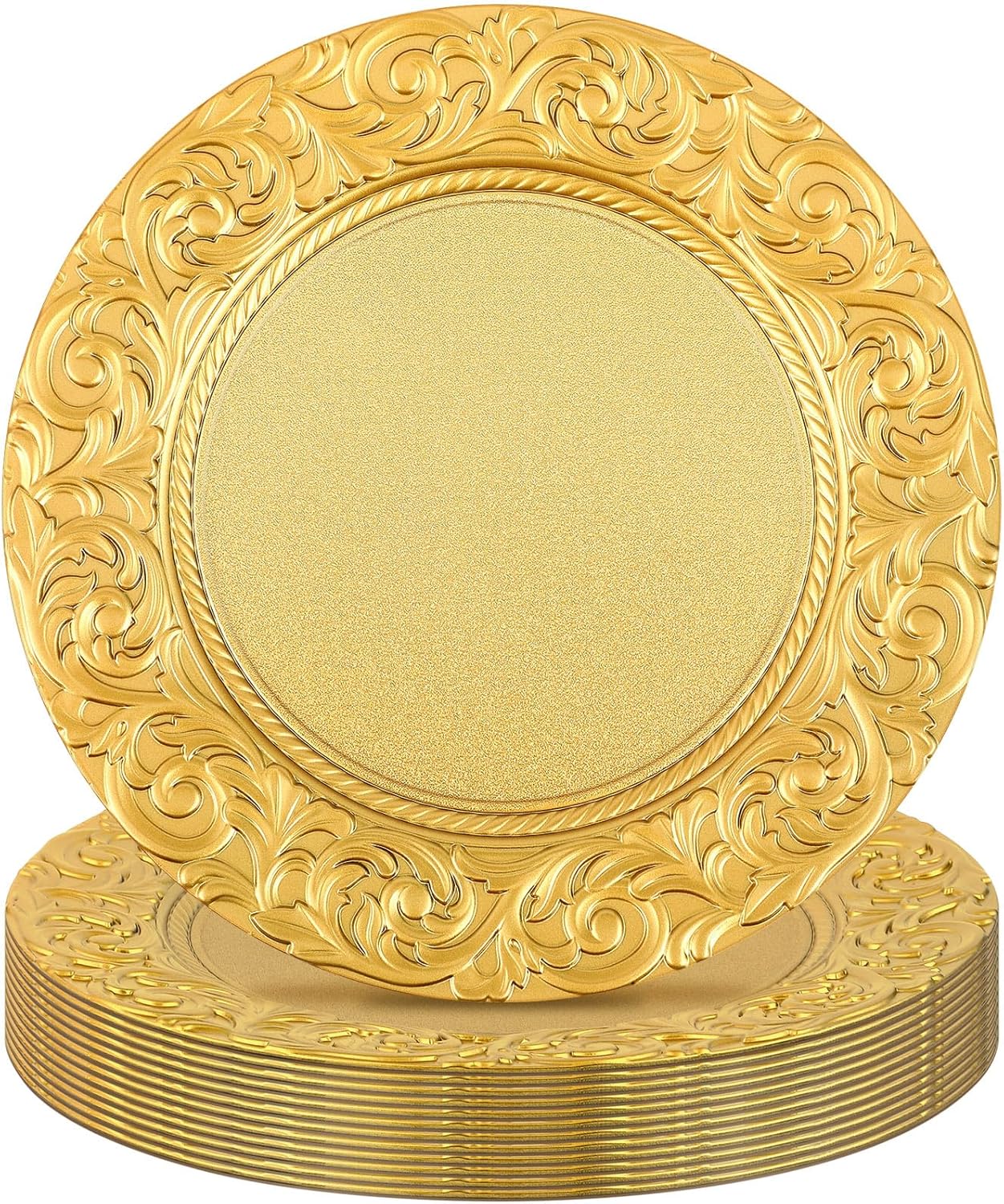 Uiifan 12 Pcs Gold Charger Plates Bulk 13'' Antique Plastic Plate Chargers Decorative Round Dinner Plates Embossed Rim Serving Plate for Wedding Party Holiday Event Catering Tabletop Decoration