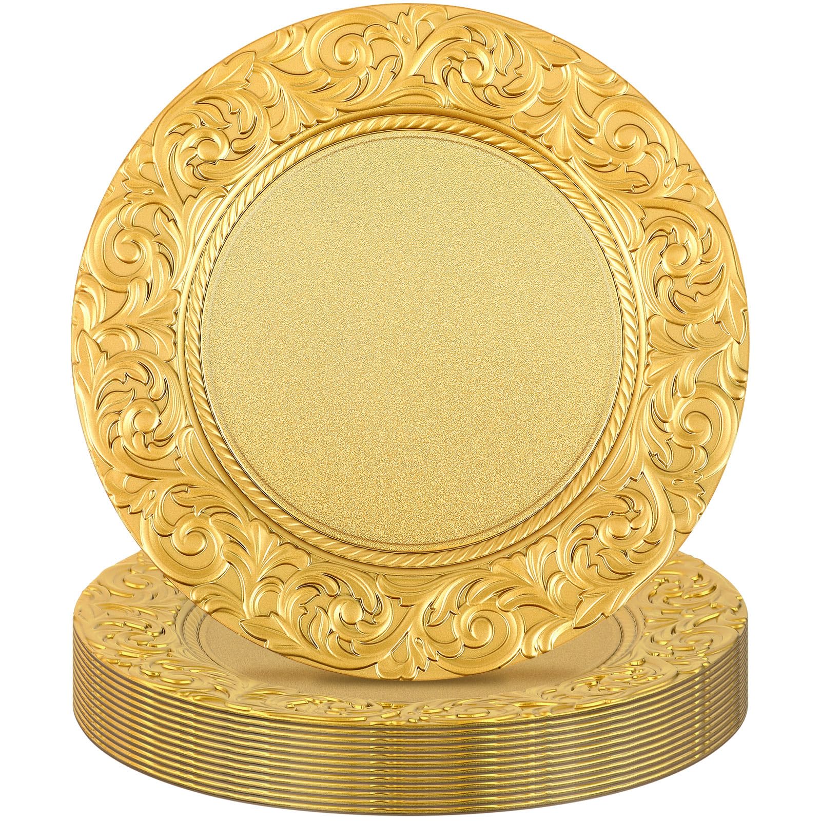 Uiifan Antike Platzteller, 33 cm, Kunststoff, geprägt, rund, florale Teller für Hochzeit, dekorative Ladegeräte für Tisch, Abendessen, Küche, Party-Dekoration (Gold, 12 Stück)