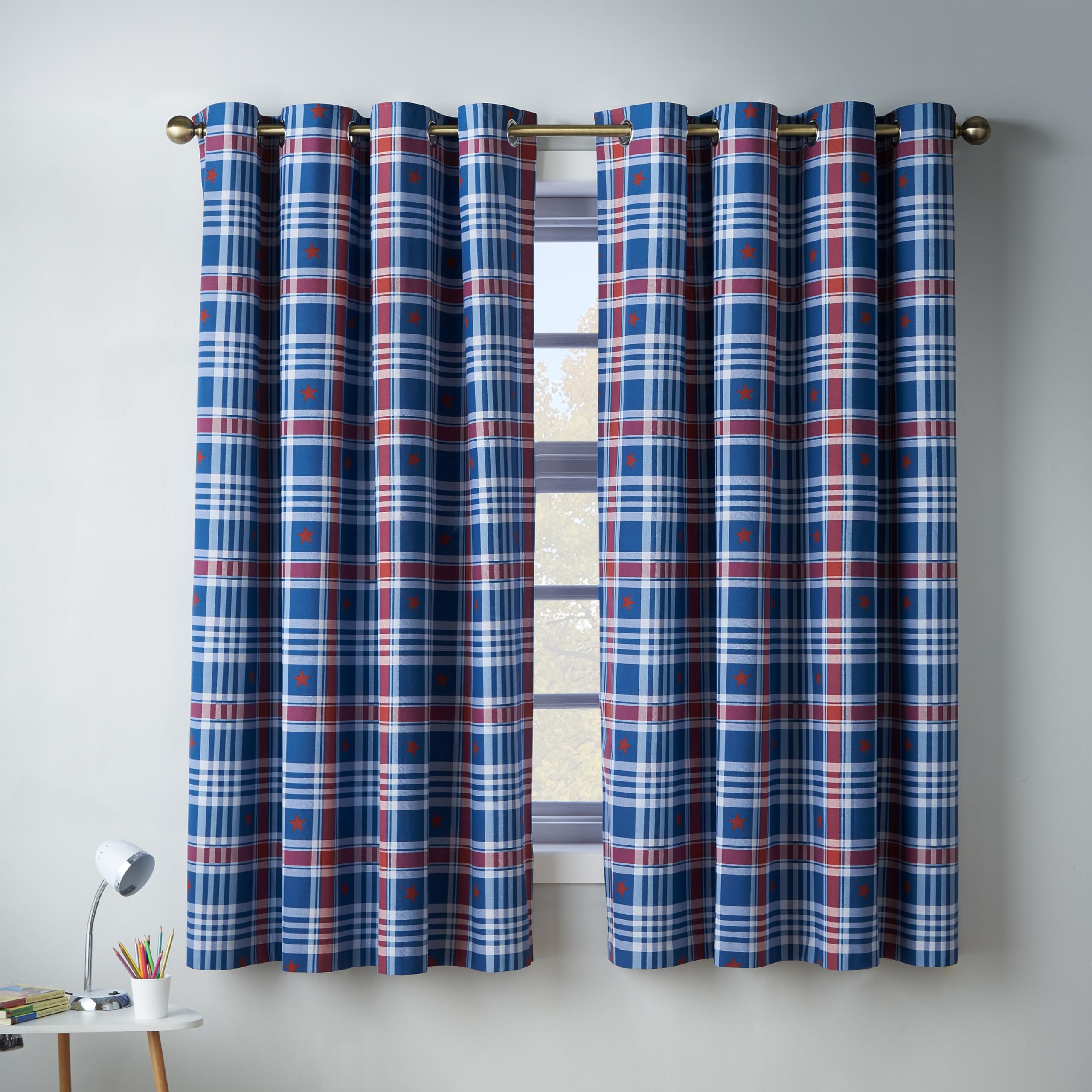 Catherine Lansfield Stars And Check Curtains 66X72 Inch Blue