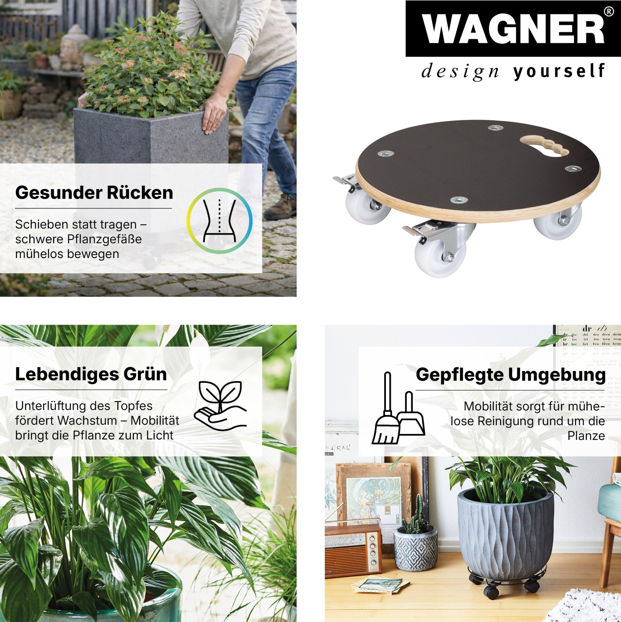 WAGNER Support à roulettes pour Pot de Fleur Maxigrip Ø 38 x 11 cm I intérieur + extérieur I Roule Pot en Bois certifié FSC® I 2 Freins I Capacité de Charge 250 kg I Made in Germany - 20110701