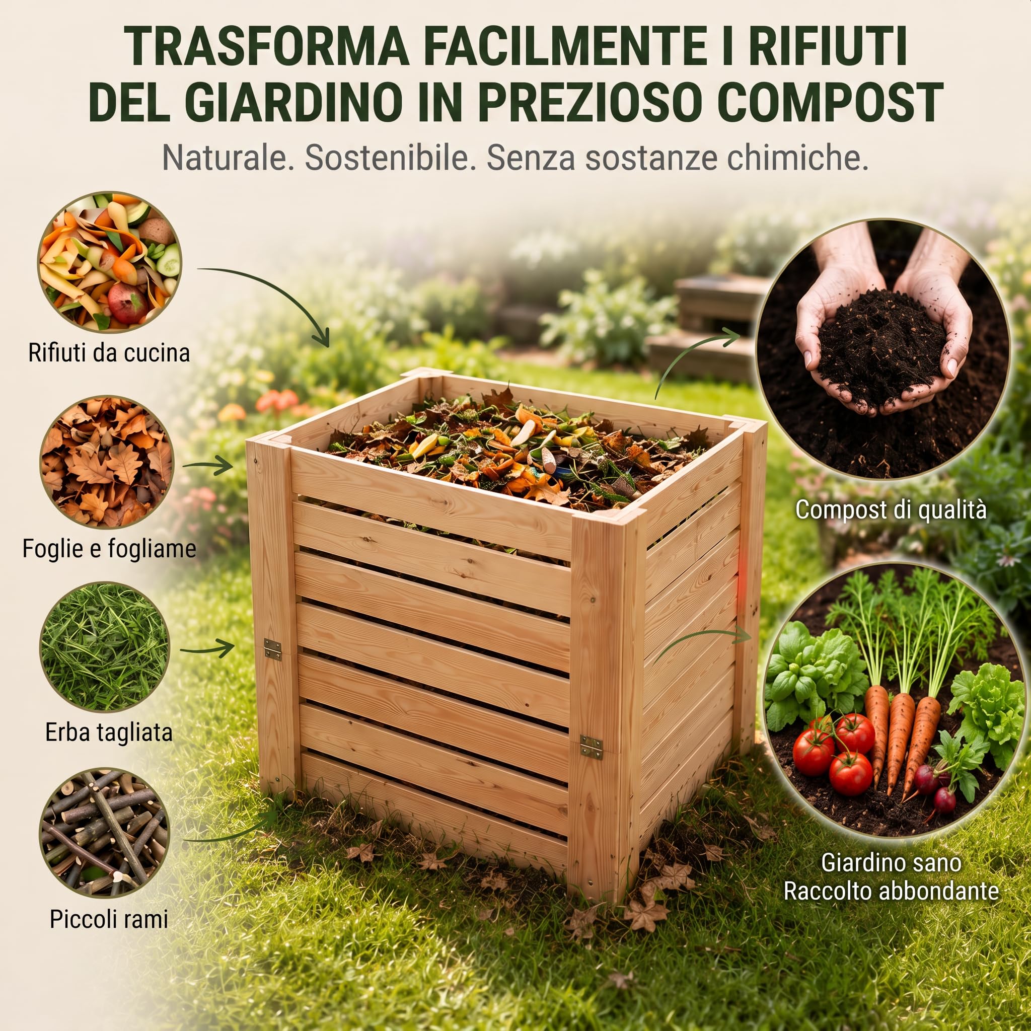 VELORA H&L Compostiera 512 L - Compostiera da Giardino in Legno Naturale con Sportello Inferiore, Compostiera per Scarti Vegetali e Organici