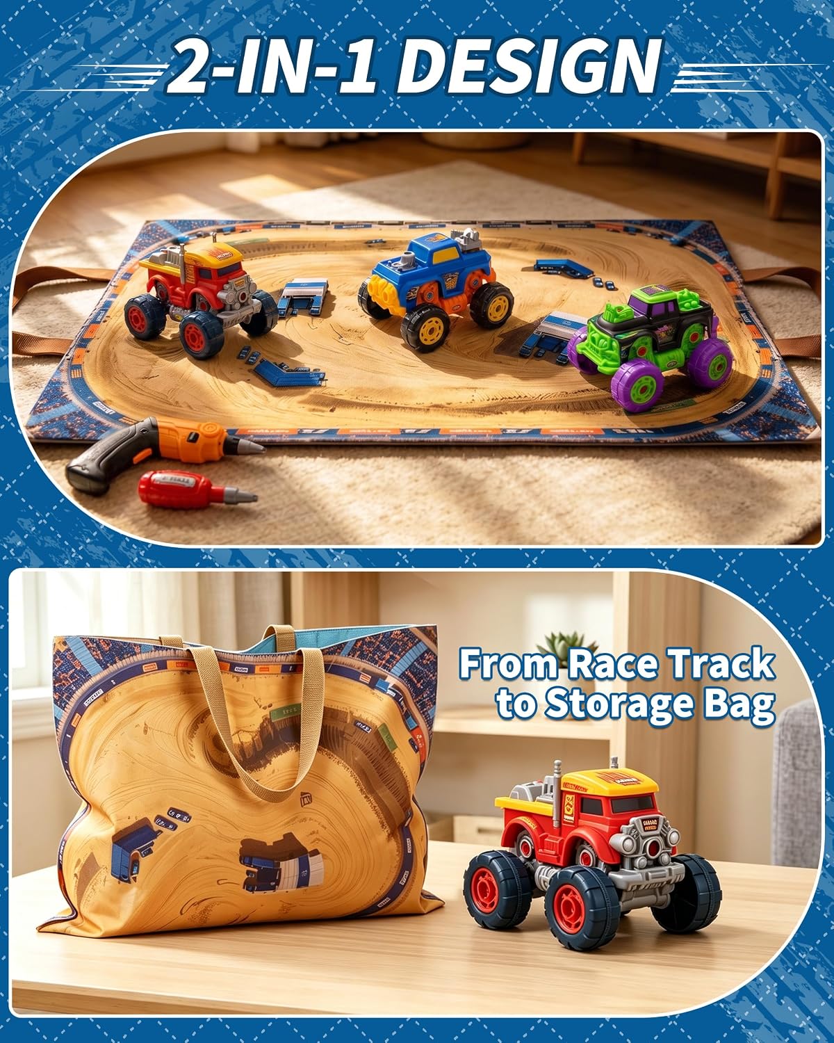 3-in-1 Take Apart Monster Truck Toy with Electric Drill & Playmat | Includes 3 take-apart trucks, 2-mode electric drill & 2-in-1 race track storage bag for hands-on STEM building fun
