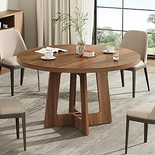 Round Dining Table for 4, Farmhouse Kitchen Table, Wooden Circle Dinner Room Table for Home Dining Room Kitchen Living Room (Walnut Brown)