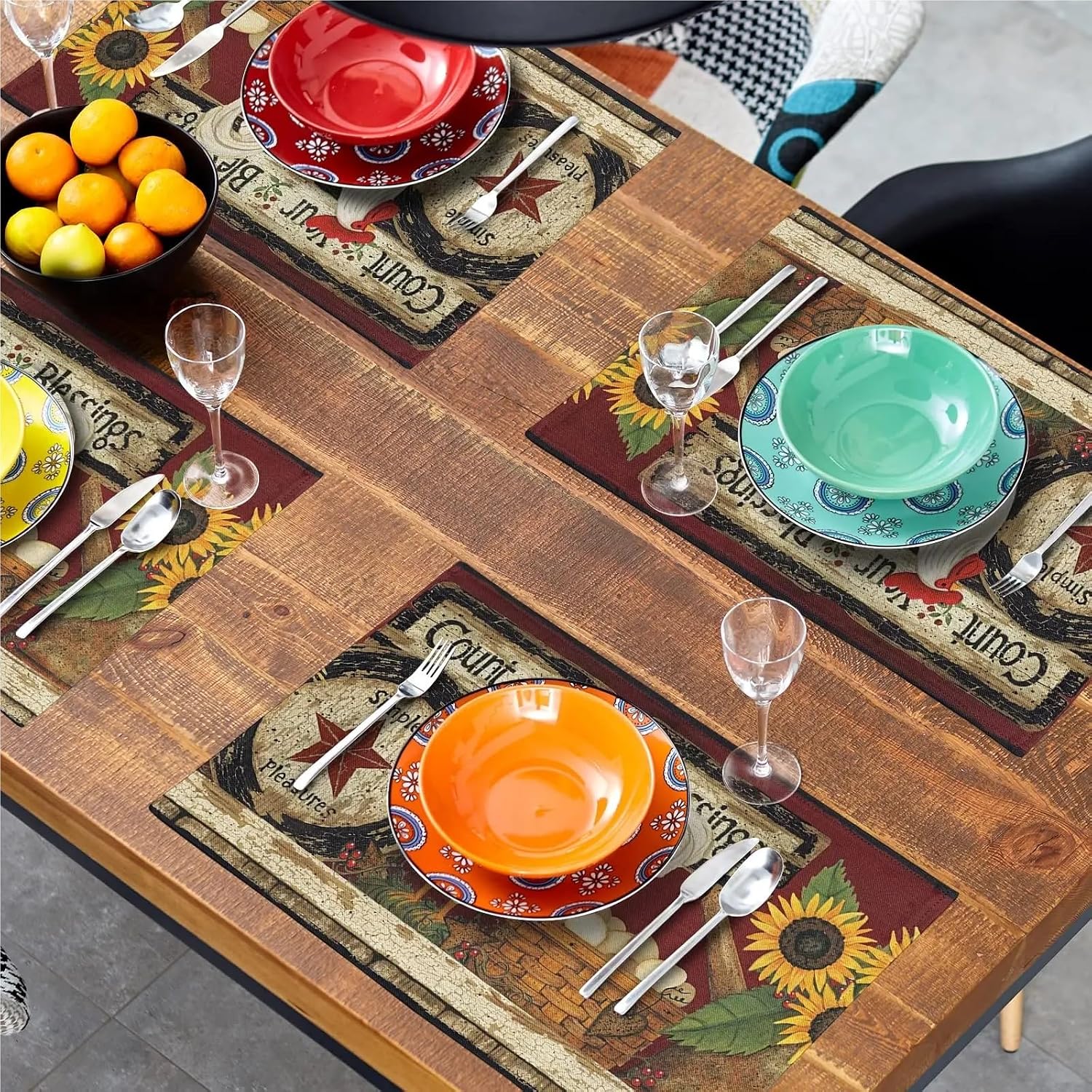 Vintage Rooster Placemats Set of 4 Farmhouse Chicken Linen Table Mat Rustic Animal Print Non-Slip Washable Place Mats(2p)
