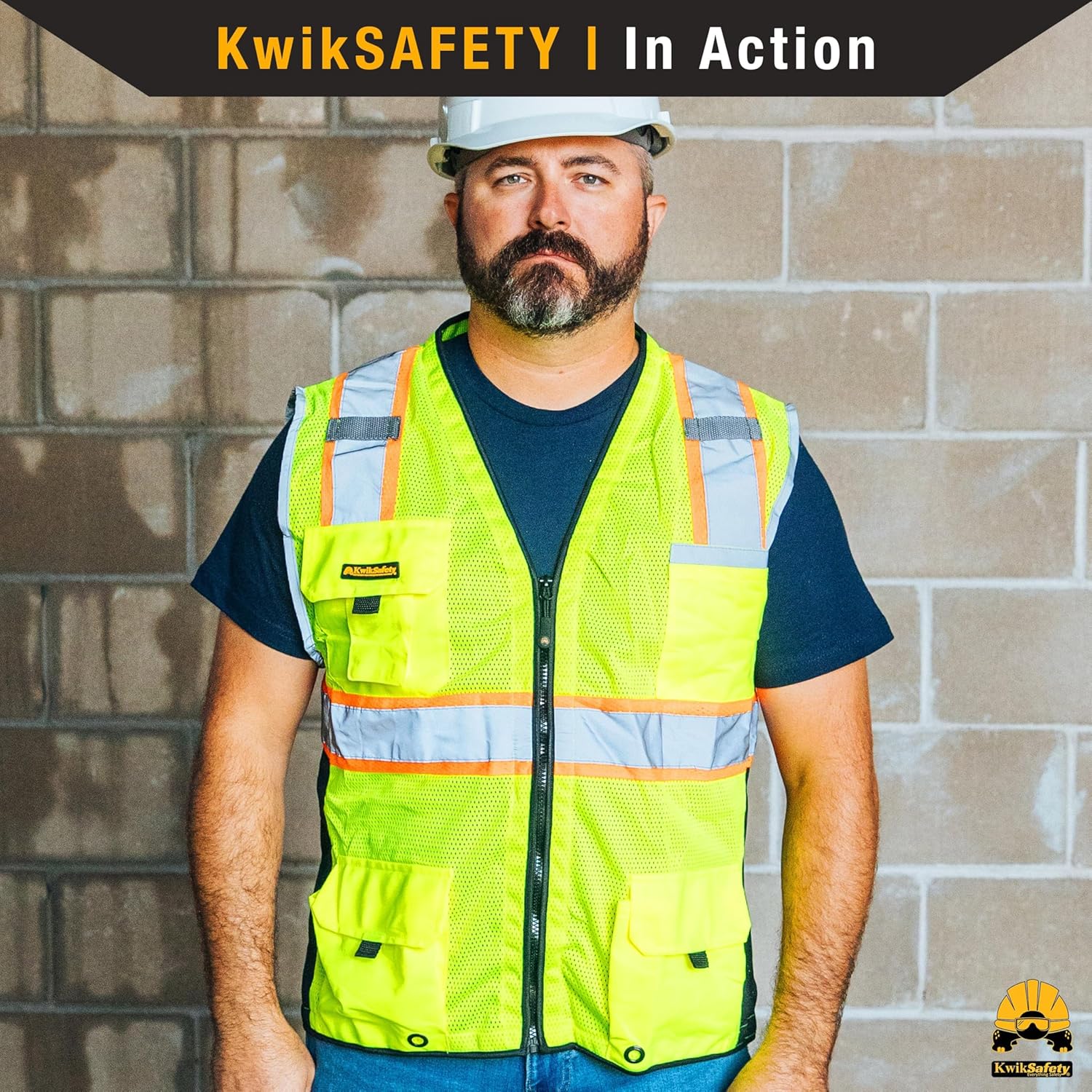 KwikSafety - Charlotte, NC - BIG KAHUNA Safety Vest [11 Pockets] Class 2 ANSI OSHA Reflective Vest Durable High Visibility Vest Construction Safety Vest for Men Industrial Work Gear/Yellow Large