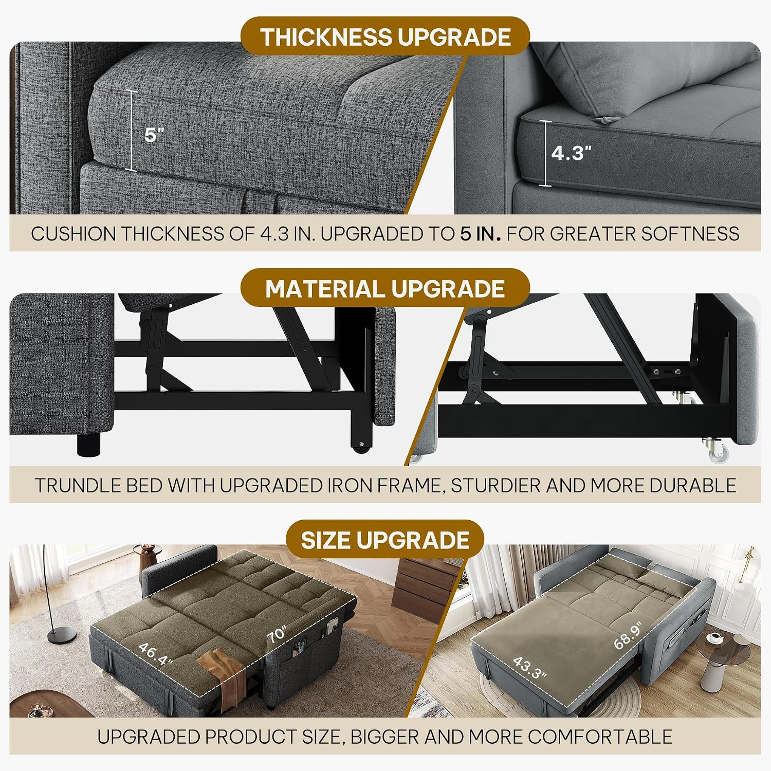 DWVO 55" 3-in-1 Convertible Sofa Bed Adjustable Backrest Side Pocket Grey