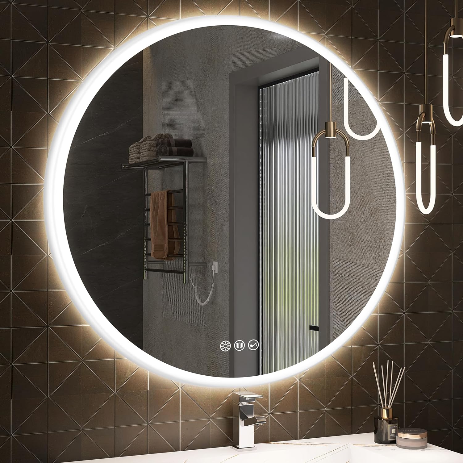 S·BAGNO 40'' Round Bathroom Mirror with Lights, LED Bathroom Vanity Wall Mirror with Anti-Fog, Stepless Dimmable, 3 Colors, Tempered Glass Lighted Vanity Smart Mirror for Bathroom(No Bluetooth) Round 39.4"L x 39.4"W