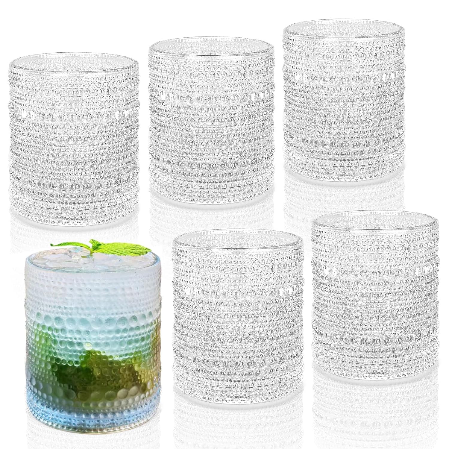Hobnail Drinking Glasses Set of 6 10 oz Cocktail Glasses Vintage Glasses Drinking Set Glass Cups Mixed Drinkware