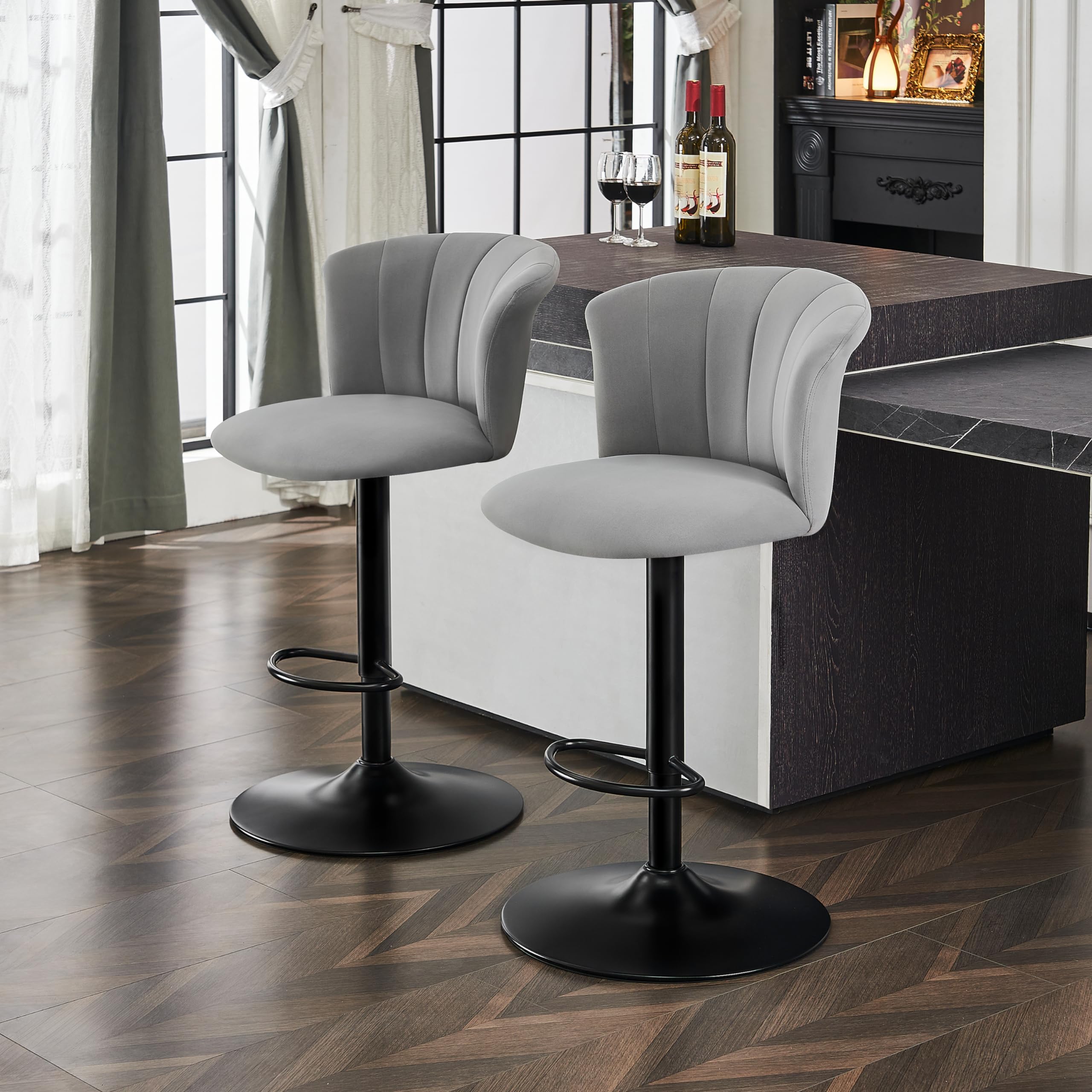 STOOLINK Set di 2 Sgabello da Bar, Sedia da Bar Tessuto Velluto Seta, Sgabelli Cucina con Poggiapiedi, Sgabelli da Bar Regolabile, Sgabelli Bar Girevole a 360° con Schienale-Grigio