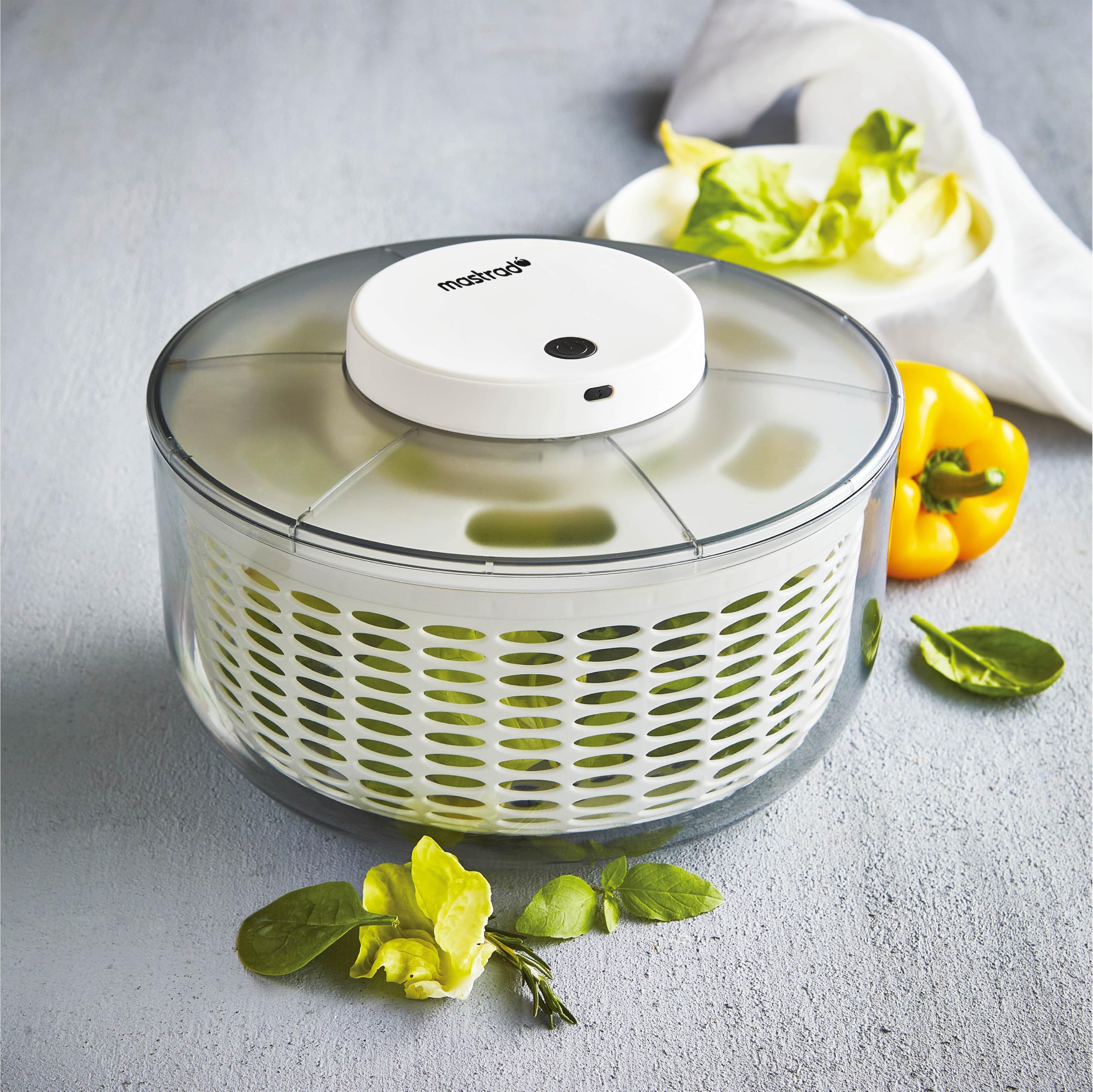 Mastrad - Escurridor Ensalada Eléctrica. Batería Recargable por USBC: Dos Horas de Carga para 100 usos, Base Antideslizante de Silicona, para Frutas, Verduras, Ensalada de Verduras