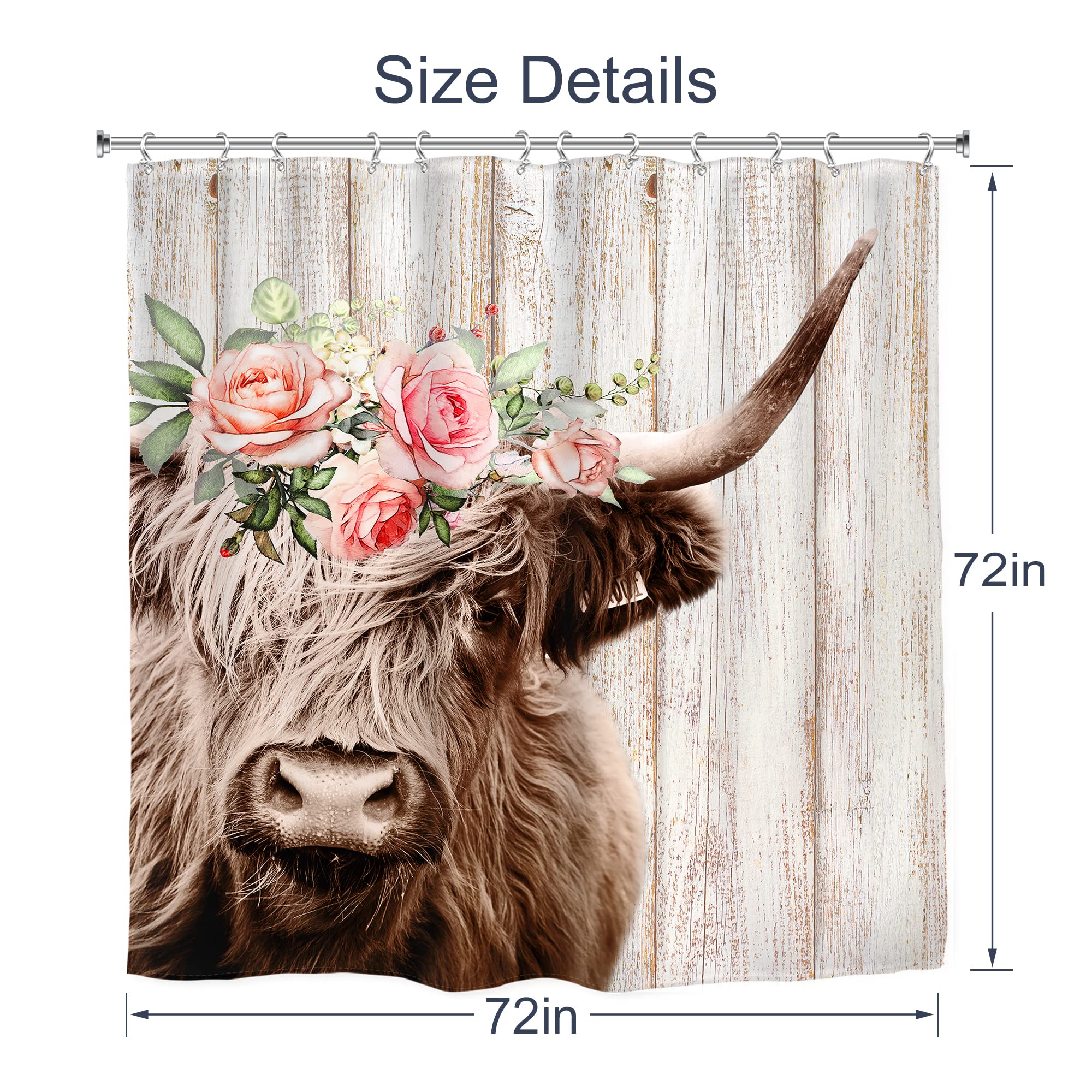 Riyidecor Highland Cow Duschvorhang 183 X 183 Cm – Bauernhaus-Design, Wasserdicht, Inkl. 12 Haken
