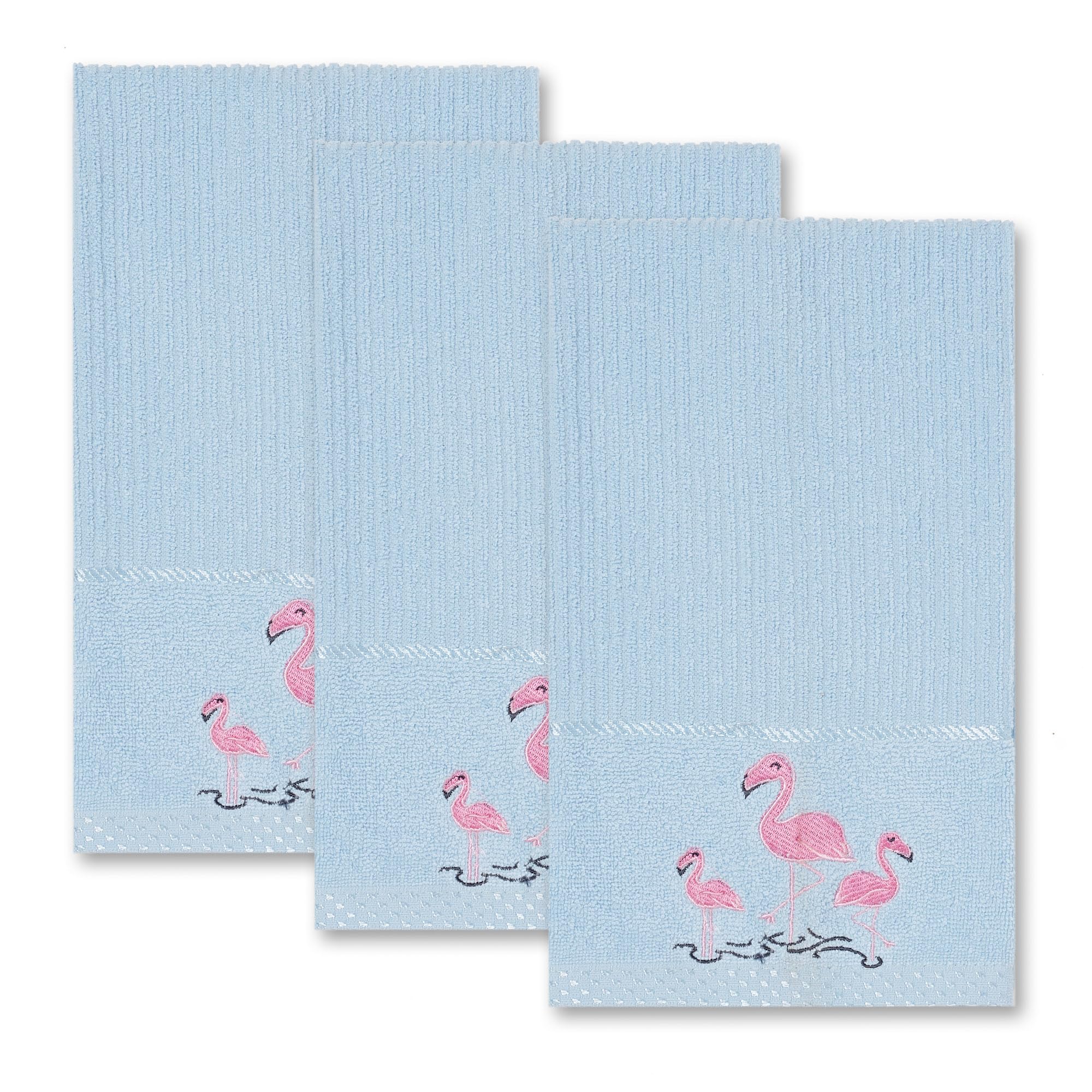 La Maison Woven Embroidered Tea Towels Pack of 3 Large 40 x 70cm Super Absorbent Housewarming Gifts 4 Styles Cotton Rich (Sky Blue, Flamingo)