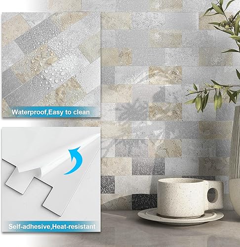 Miniatura 5 de BeNice Azulejos autoadhesivos de pared para salpicadero de cocina, azulejos adhesivos para pared de cocina, paneles de baño impermeables (gris beige