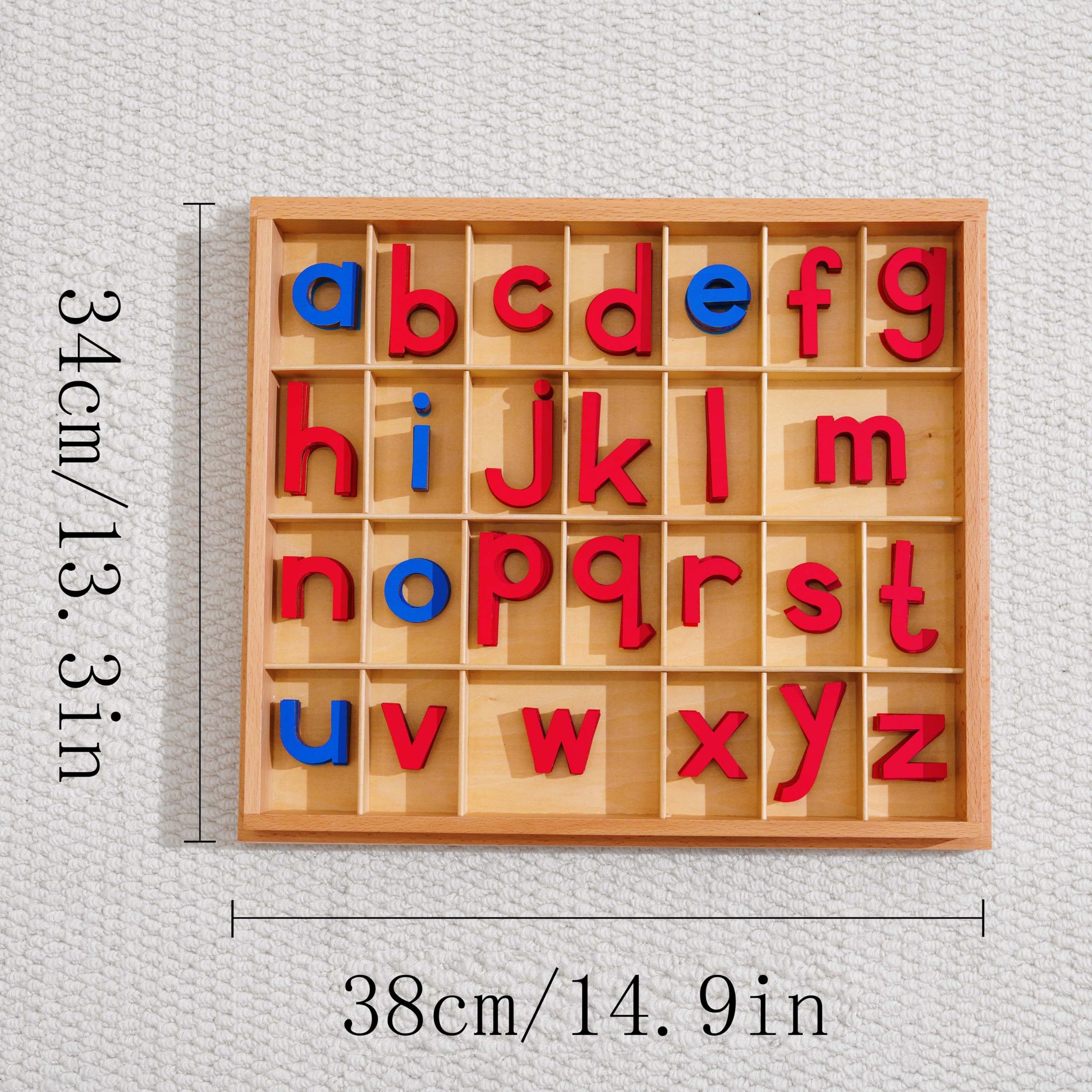 Premium Holzbuchstaben Bewegliches Alphabet 15 Zoll 2.5 lbs | 155 Kleinbuchstaben mit Buchenholz-Box | Montessori Rote & Blaue Buchstaben für erstes Schreiben & Lesen, Klein Bewegliches Alphabet