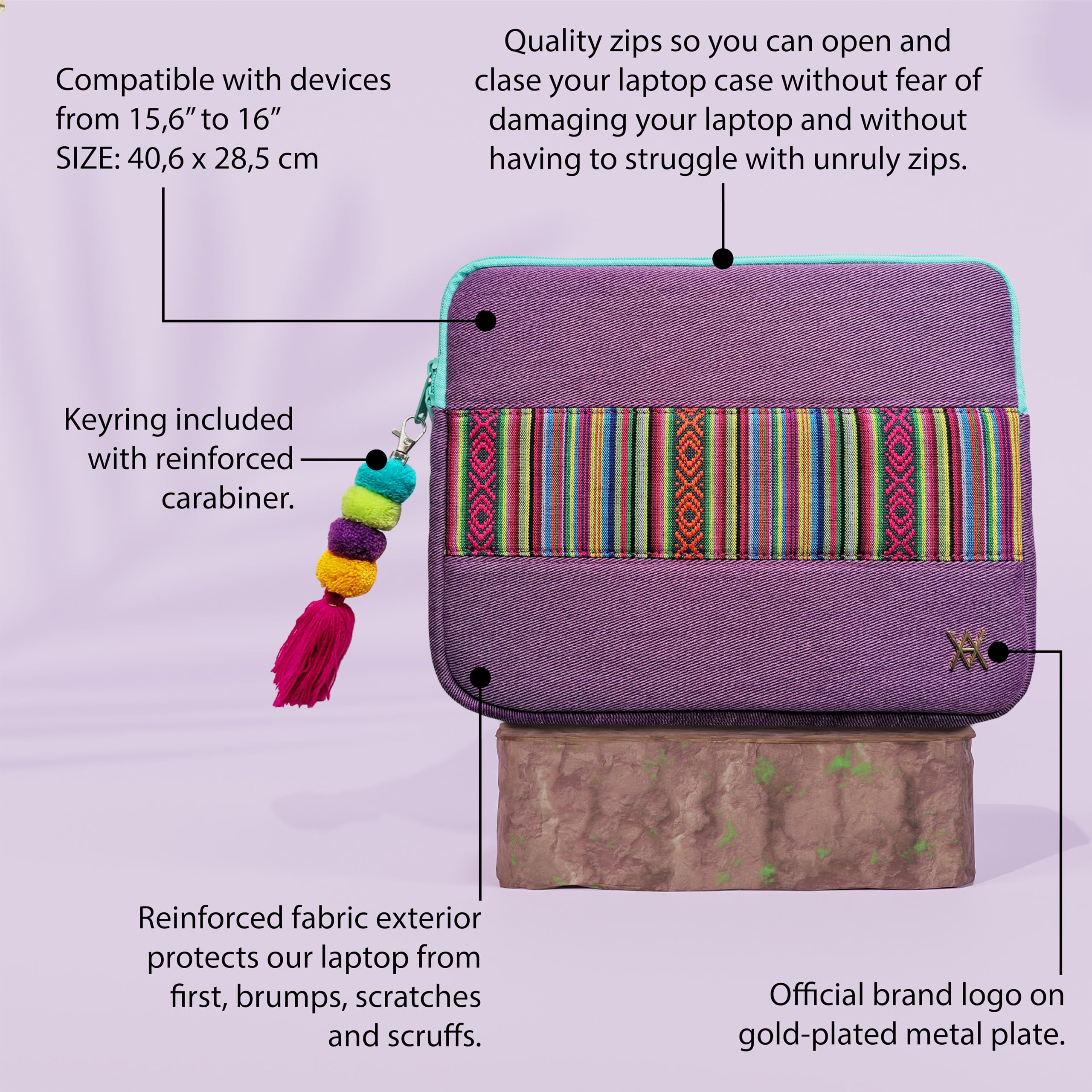 WONDEE Maletín Funda Portátil 15,6/16 Pulgadas Diseño de Tela Bordada Estilo Étnico y Original Tirador - Funda para Ordenador Portátil Macbook Pro 16 Pulgadas Acolchada y Reforzada con Cremallera